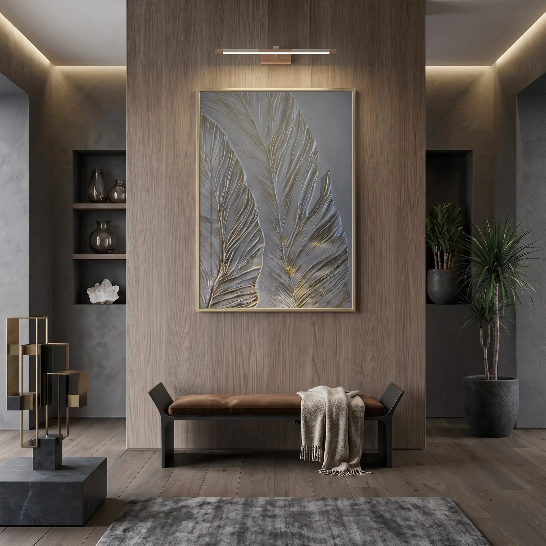 Tüy Motif Gümüş Gri Altın Tekli Gold Metal Çerçeveli Cam Tablo Ev Dekorasyonu