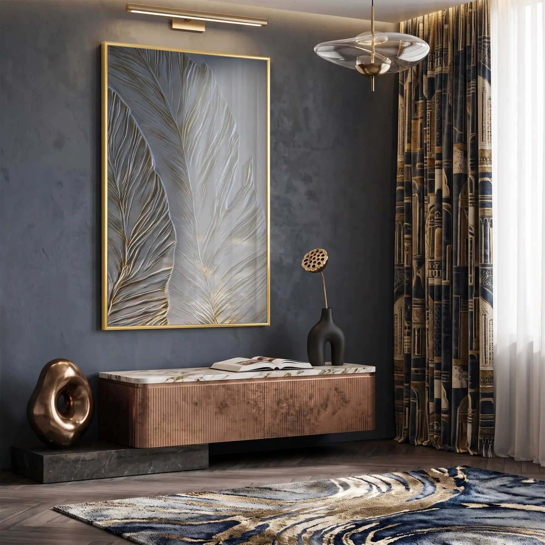 Tüy Motif Gümüş Gri Altın Tekli Gold Metal Çerçeveli Cam Tablo Ev Dekorasyonu