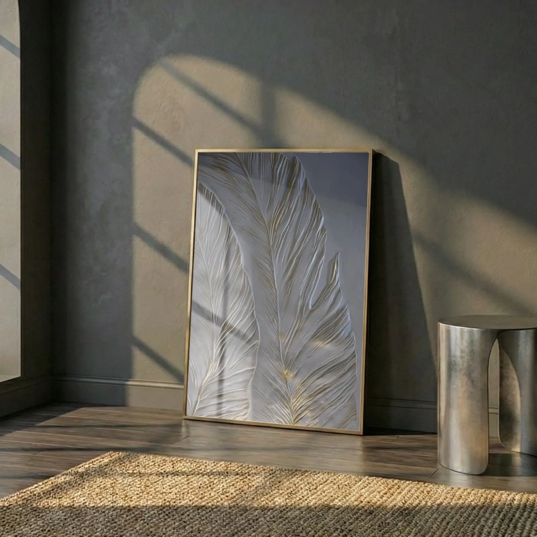Tüy Motif Gümüş Gri Altın Tekli Gold Metal Çerçeveli Cam Tablo Ev Dekorasyonu