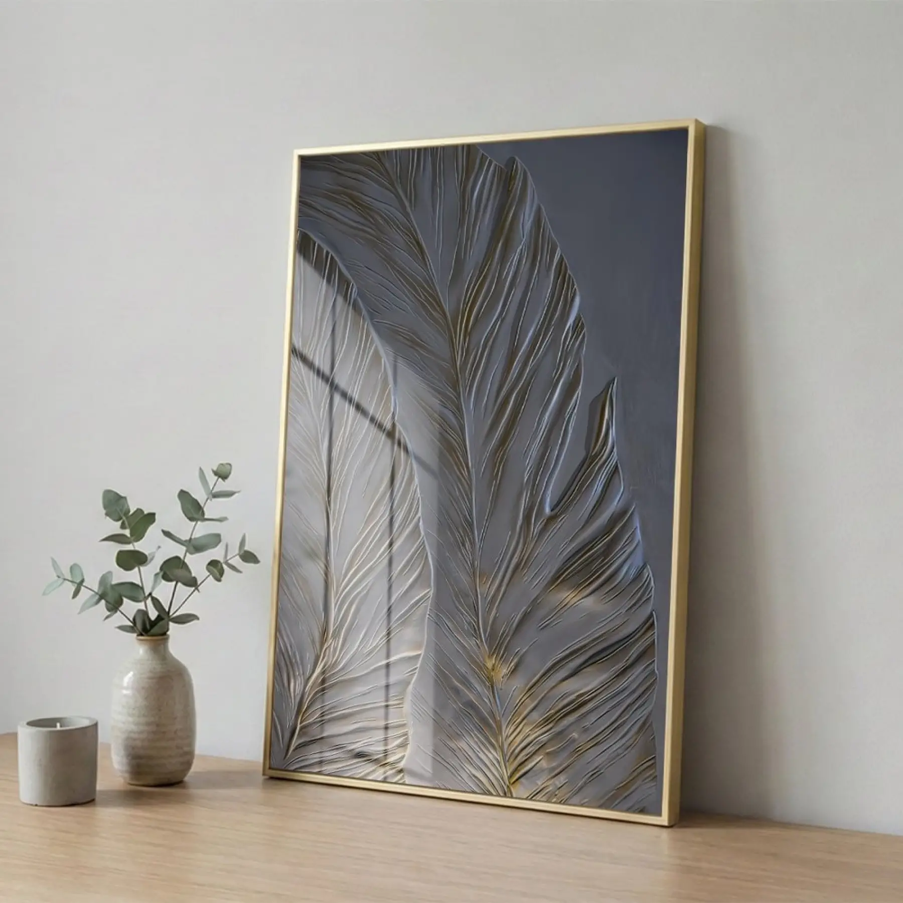 Tüy Motif Gümüş Gri Altın Tekli Gold Metal Çerçeveli Cam Tablo Ev Dekorasyonu