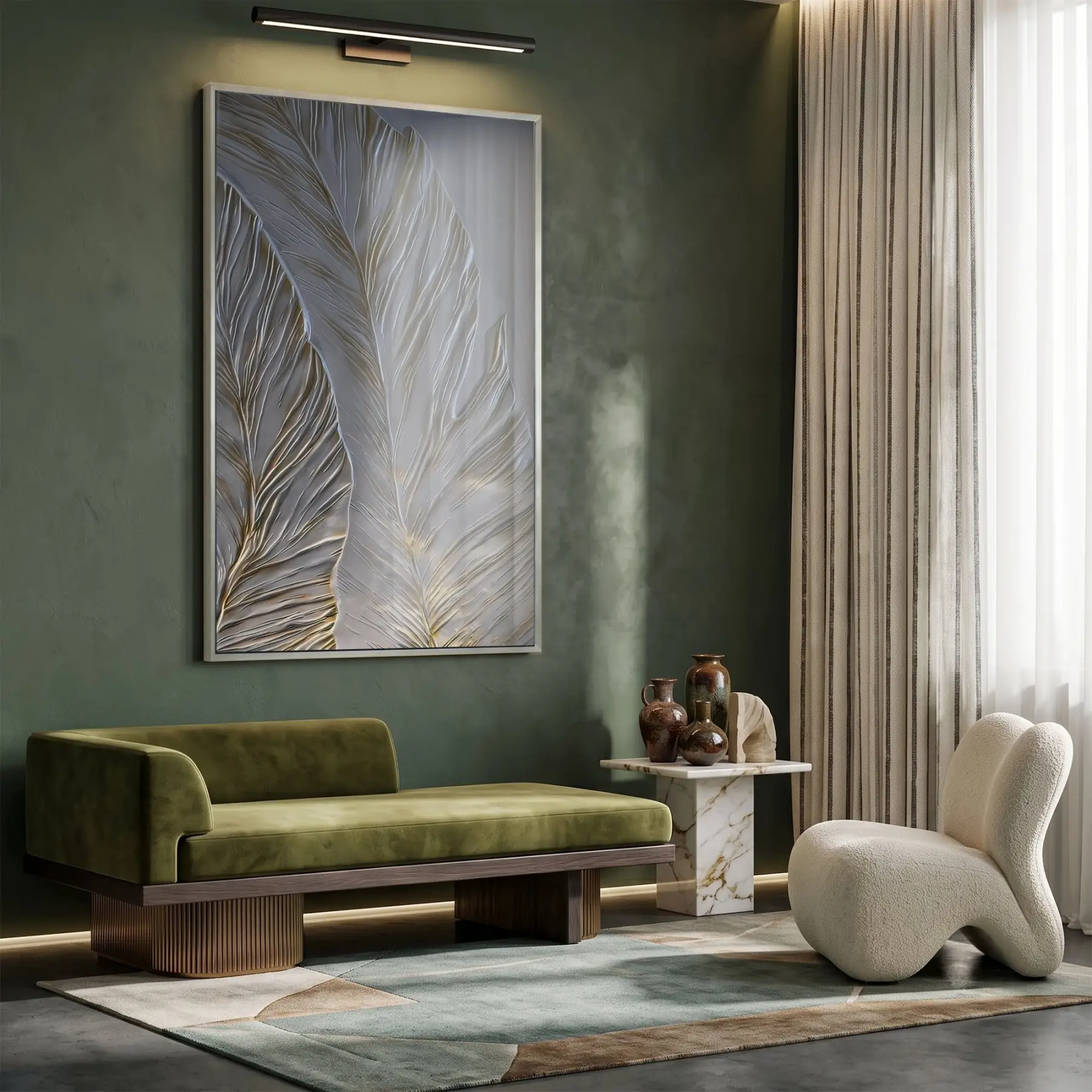 Tüy Motif Gümüş Gri Altın Tekli Metal Çerçeveli Cam Tablo Duvar Salon Aksesuarları