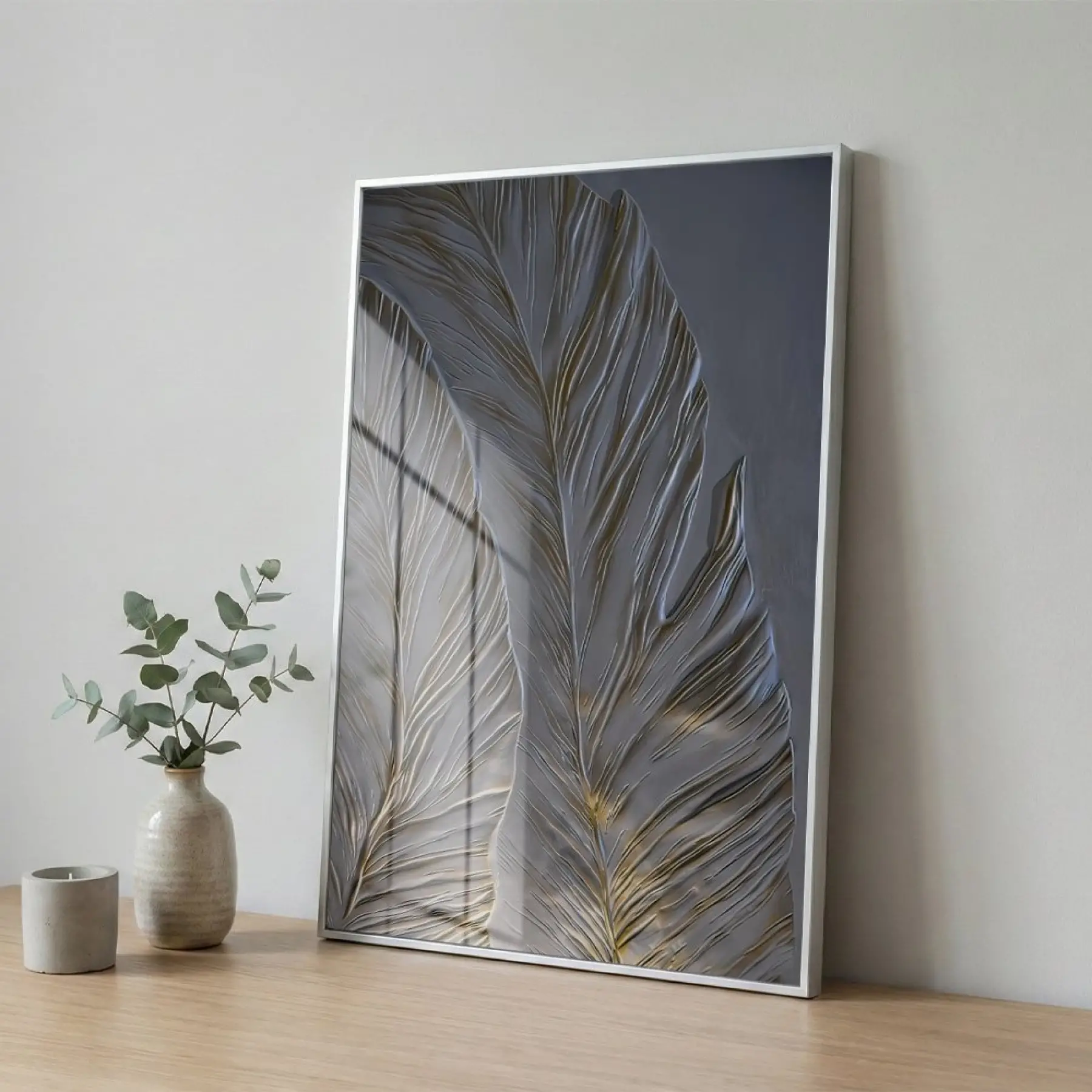 Tüy Motif Gümüş Gri Altın Tekli Metal Çerçeveli Cam Tablo Duvar Salon Aksesuarları