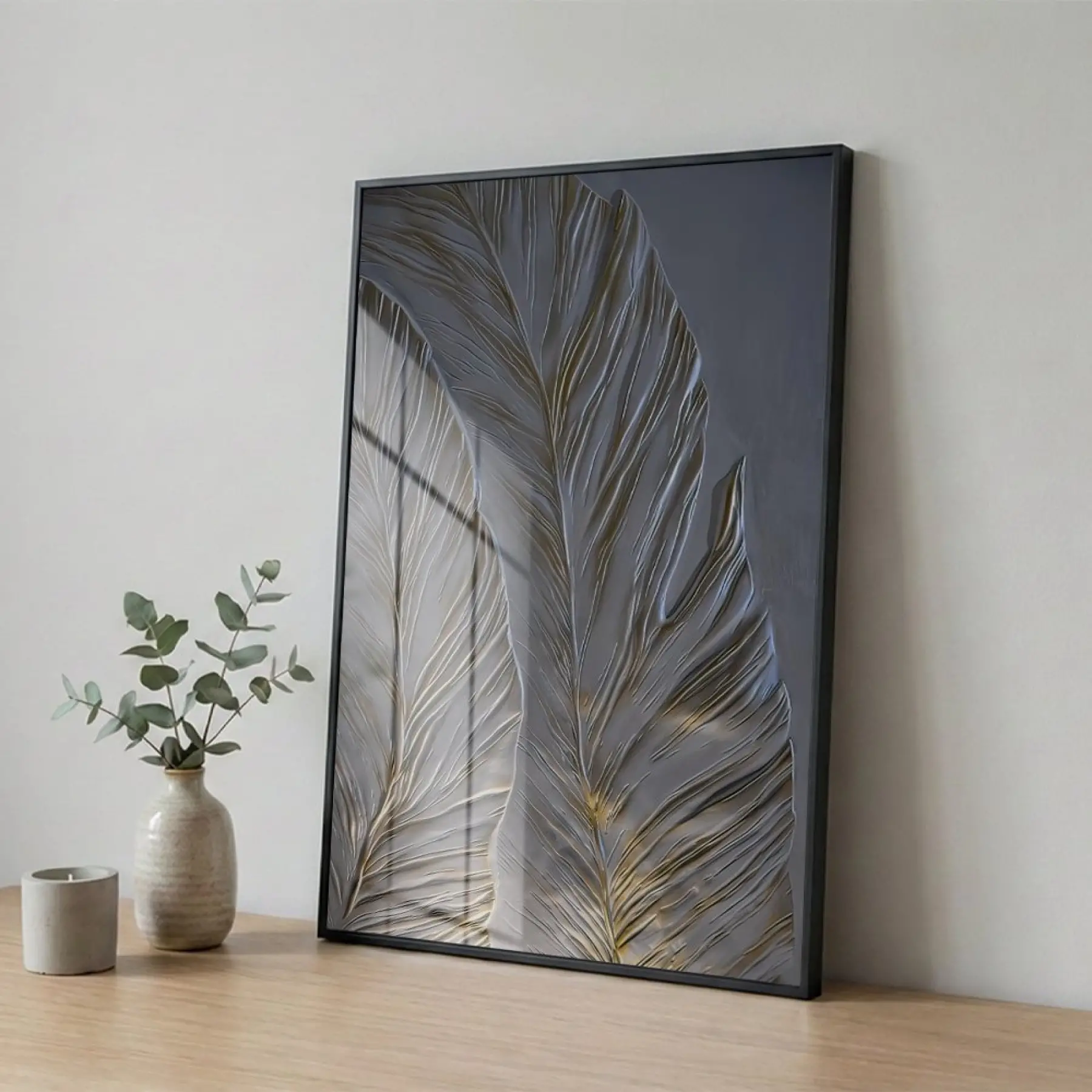 Tüy Motif Gümüş Gri Altın Tekli Siyah Metal Çerçeveli Cam Tablo Poster Dekoratif