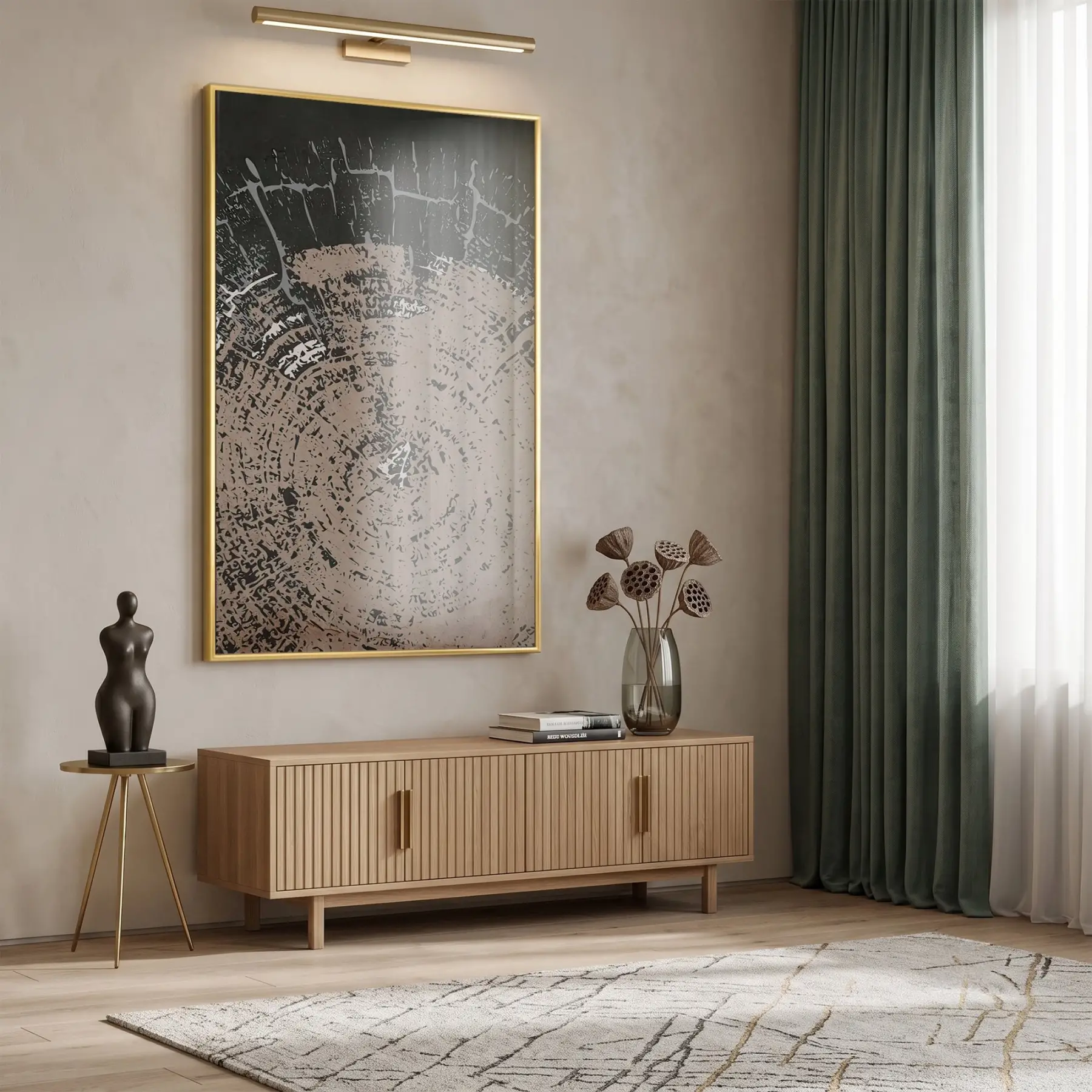 Kırık Dokular Koyu Bej Tonları Tekli Gold Metal Çerçeveli Cam Tablo Yatak Odası