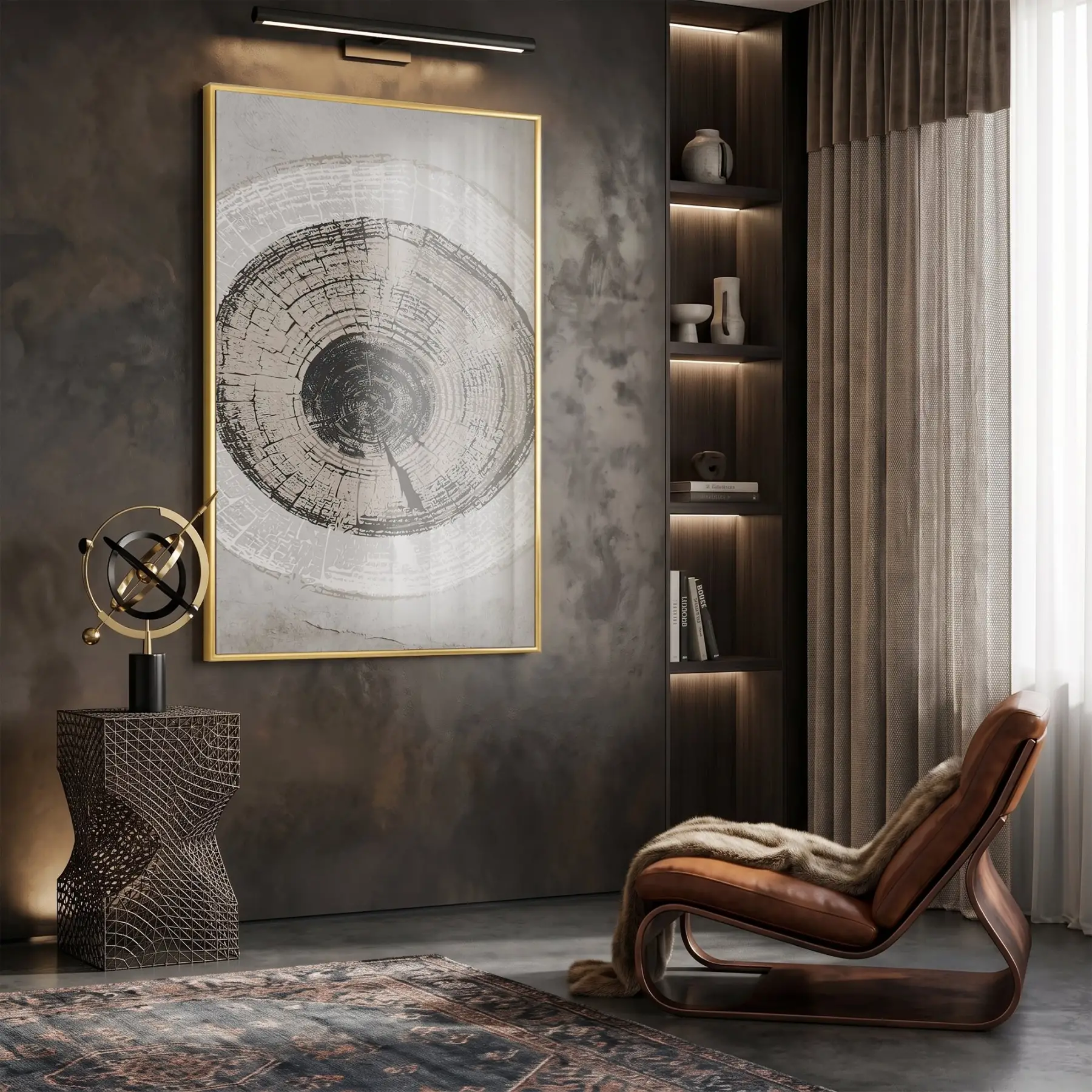 Ağaç Halkası Toprak Tonları Tekli Gold Metal Çerçeveli Cam Tablo Duvar Salon Aksesuarları