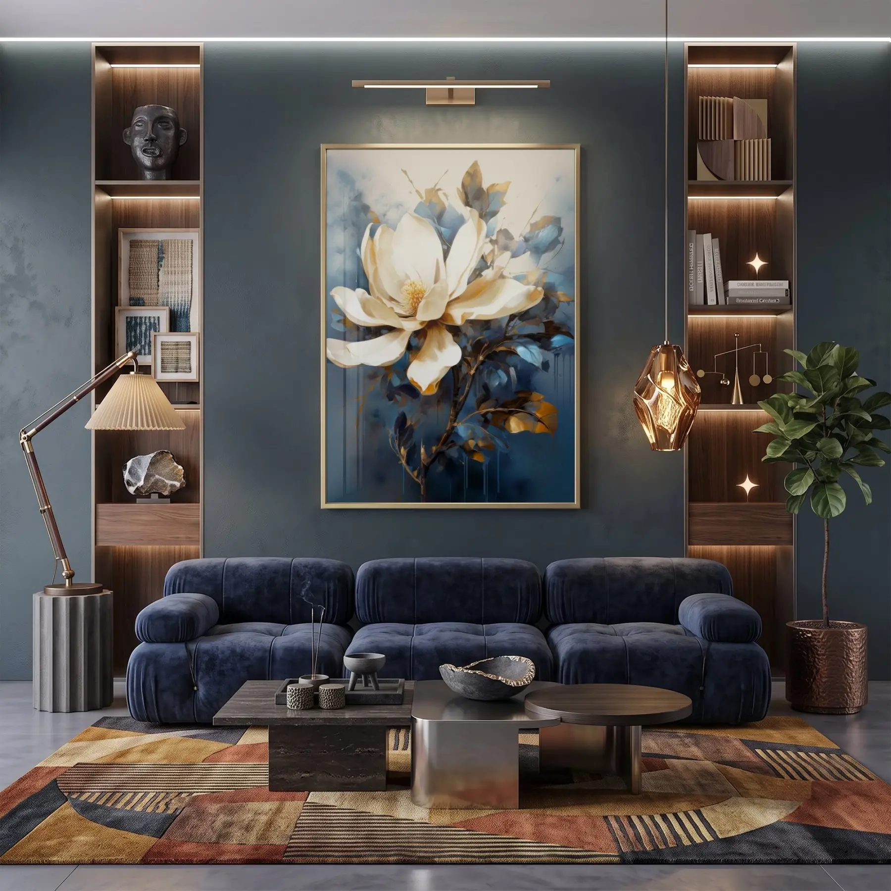 Manolya Çiçeği Koyu Mavi Beyaz Tekli Gold Metal Çerçeveli Cam Tablo Poster Dekoratif