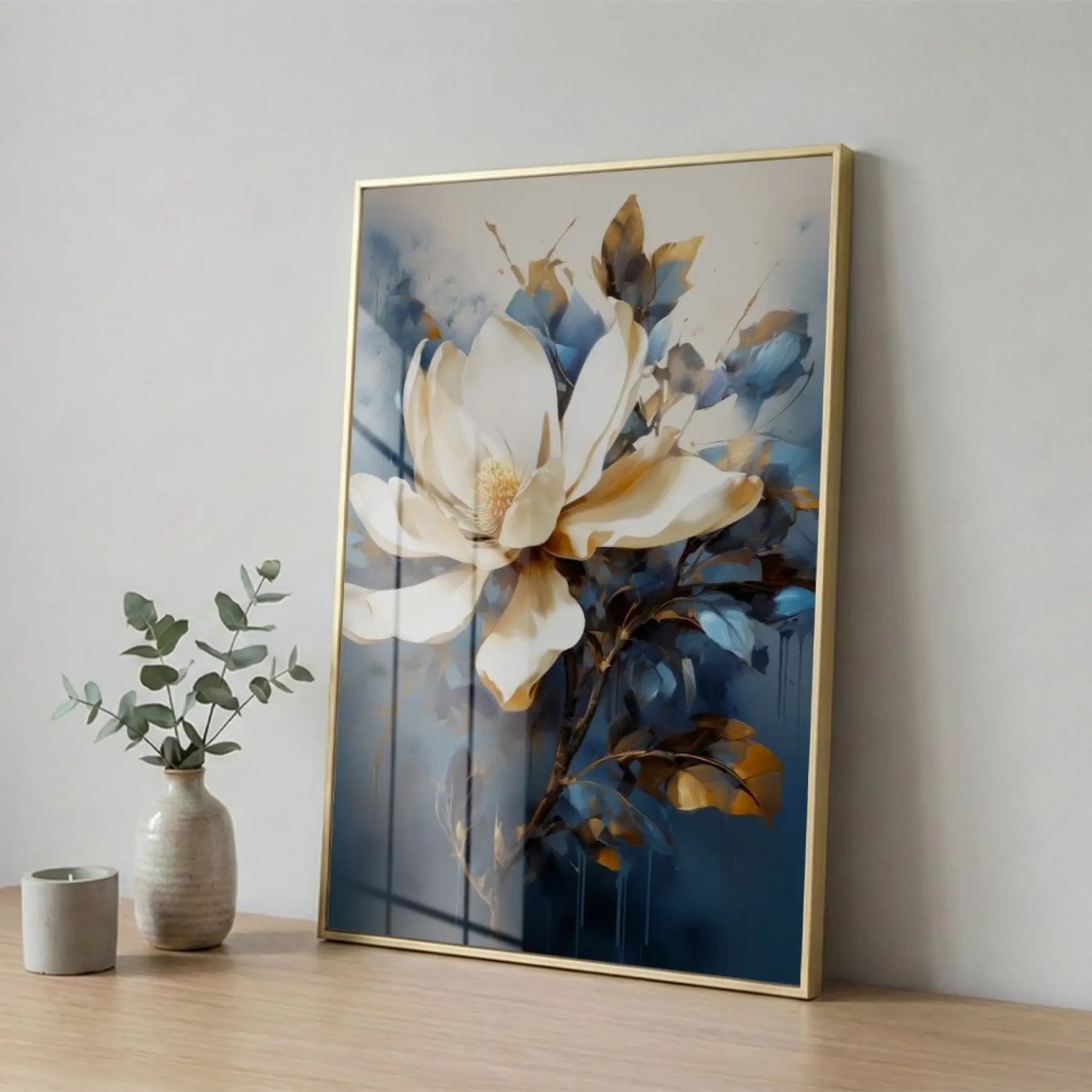 Manolya Çiçeği Koyu Mavi Beyaz Tekli Gold Metal Çerçeveli Cam Tablo Poster Dekoratif