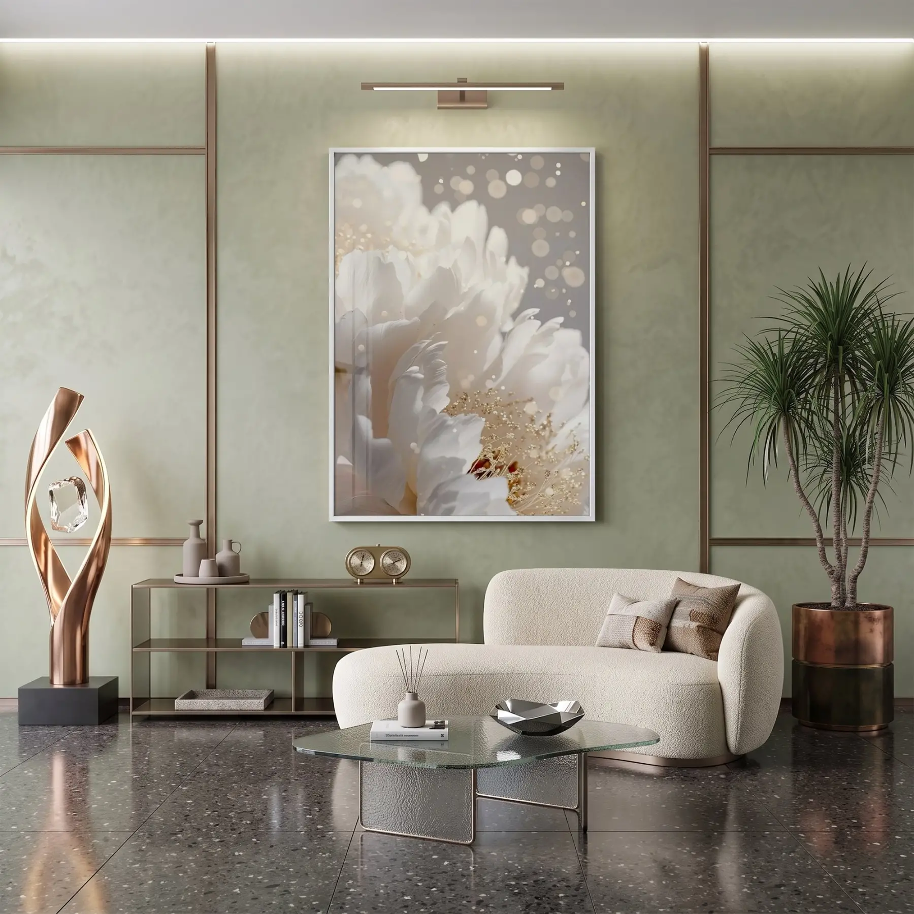 Işıltılı Çiçek Beyaz Altın Tonları Tekli Metal Çerçeveli Cam Tablo Duvar Salon Aksesuarları