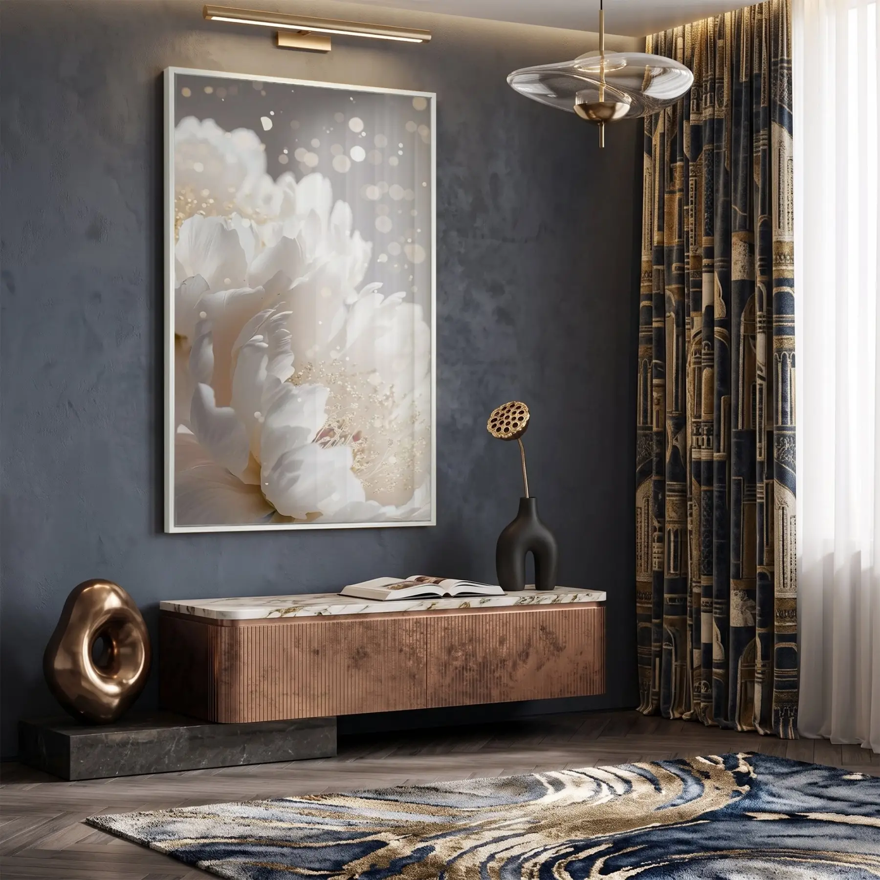 Işıltılı Çiçek Beyaz Altın Tonları Tekli Metal Çerçeveli Cam Tablo Duvar Salon Aksesuarları