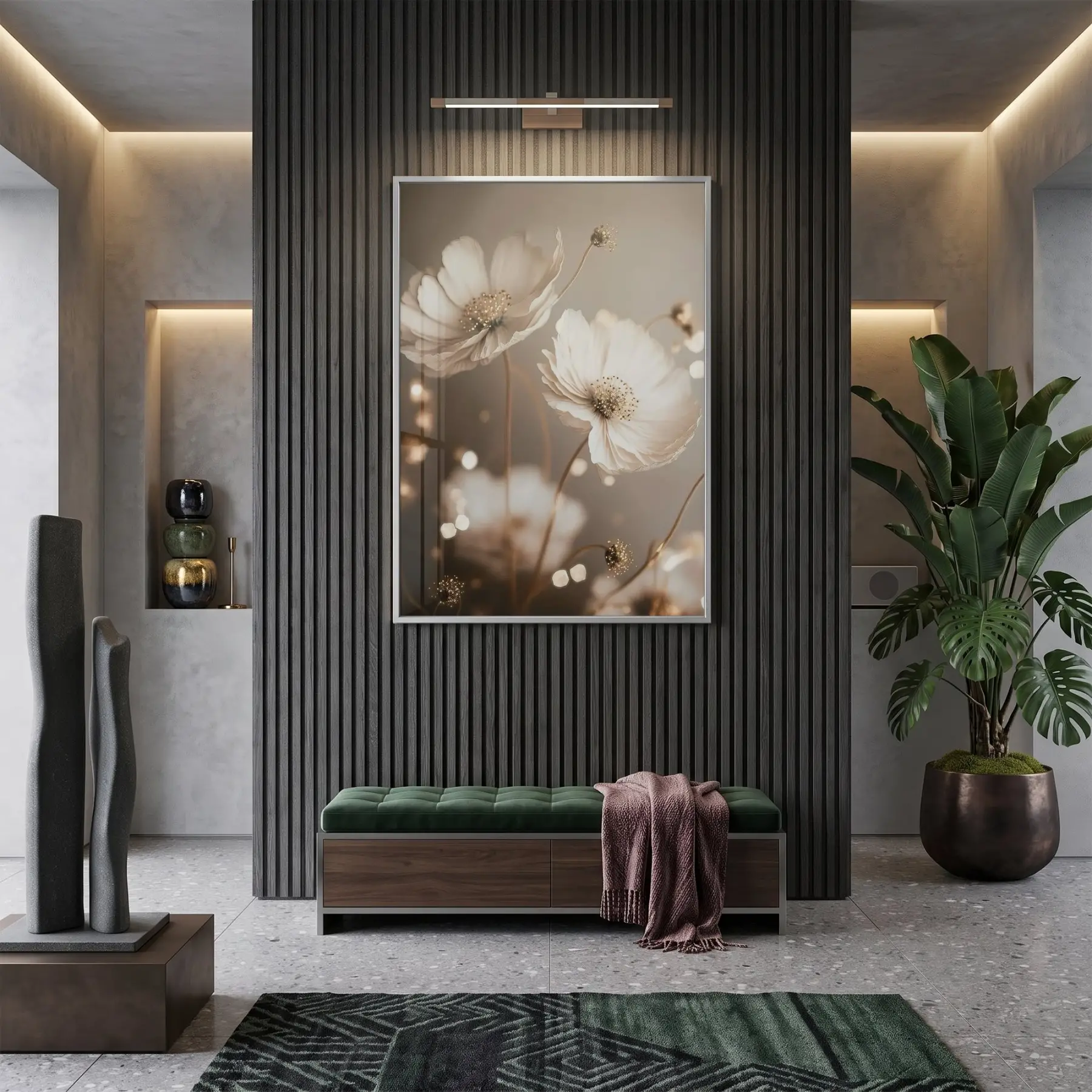 Narin Çiçekler Sıcak Nötr Tonlar Tekli Gümüş Metal Çerçeveli Cam Tablo Duvar Salon