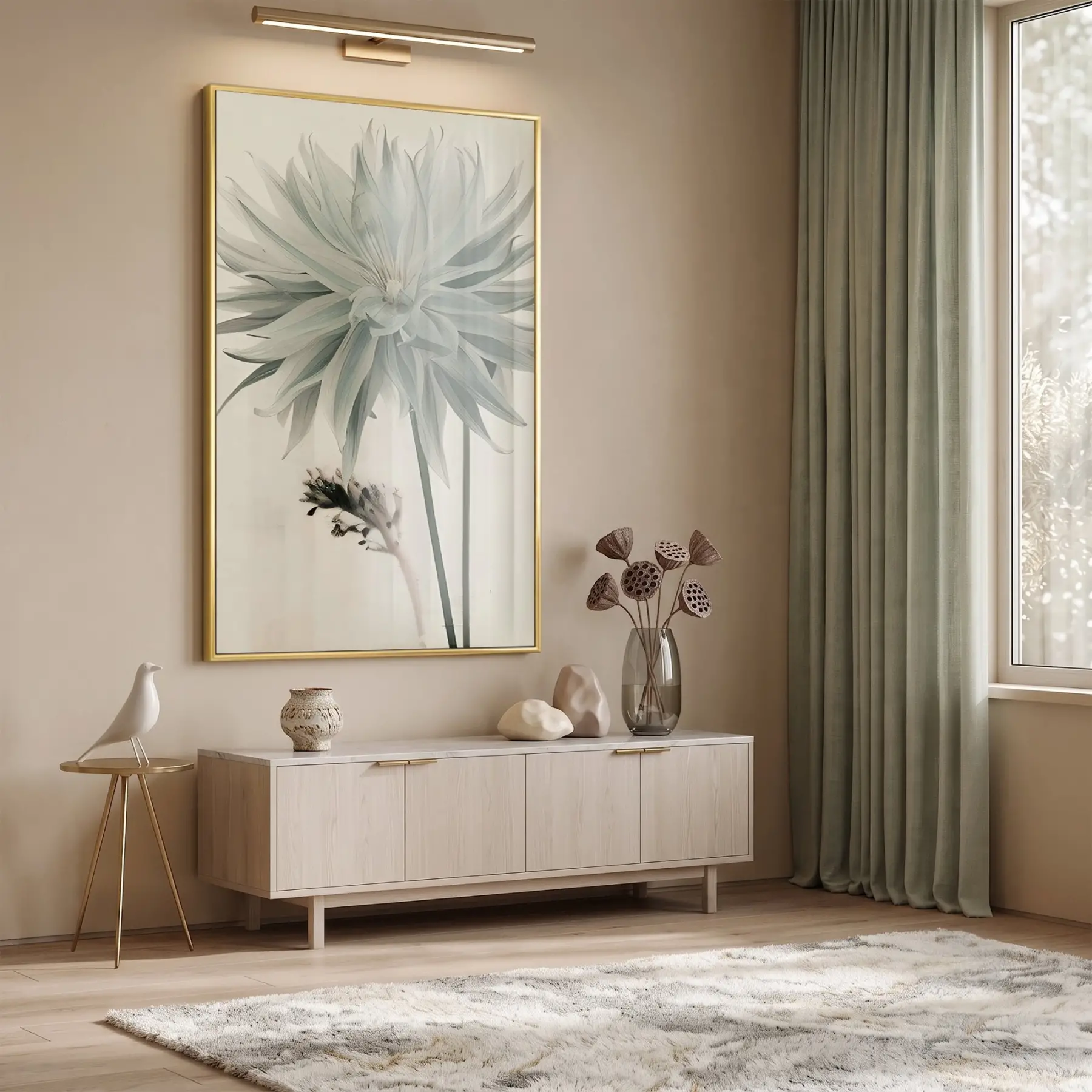 Büyük Çiçek Buzlu Pastel Tekli Gold Metal Çerçeveli Cam Tablo Poster Dekoratif Obje