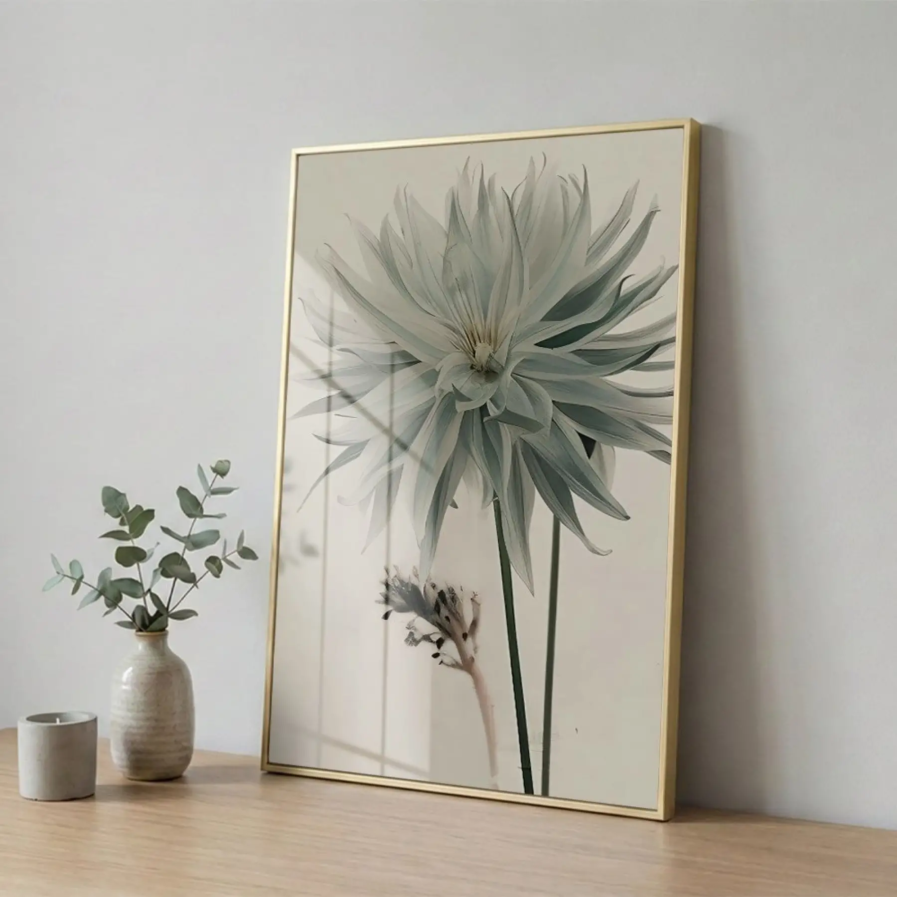 Büyük Çiçek Buzlu Pastel Tekli Gold Metal Çerçeveli Cam Tablo Poster Dekoratif Obje