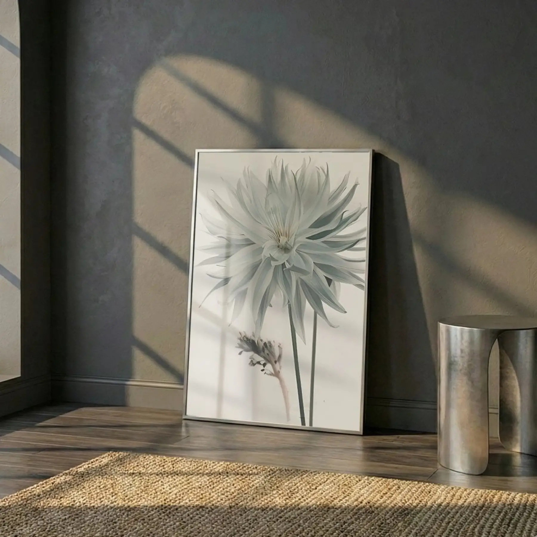 Büyük Çiçek Buzlu Pastel Tekli Gümüş Metal Çerçeveli Cam Tablo Ev Dekorasyonu Oda
