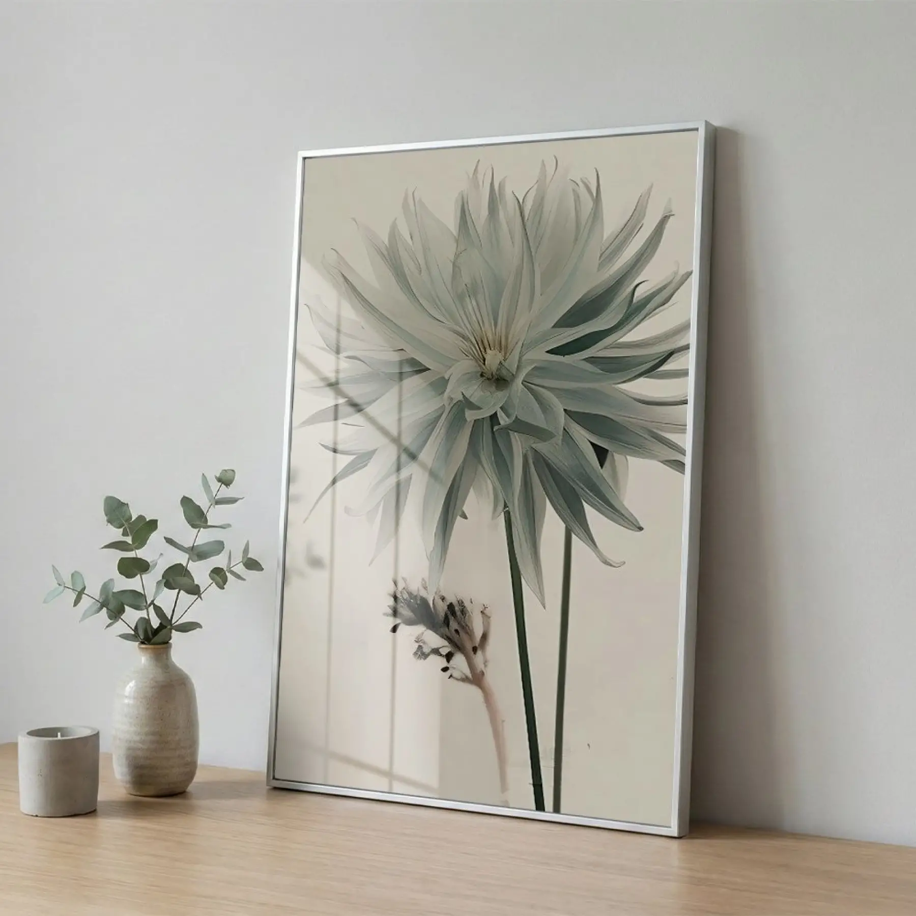 Büyük Çiçek Buzlu Pastel Tekli Gümüş Metal Çerçeveli Cam Tablo Ev Dekorasyonu Oda