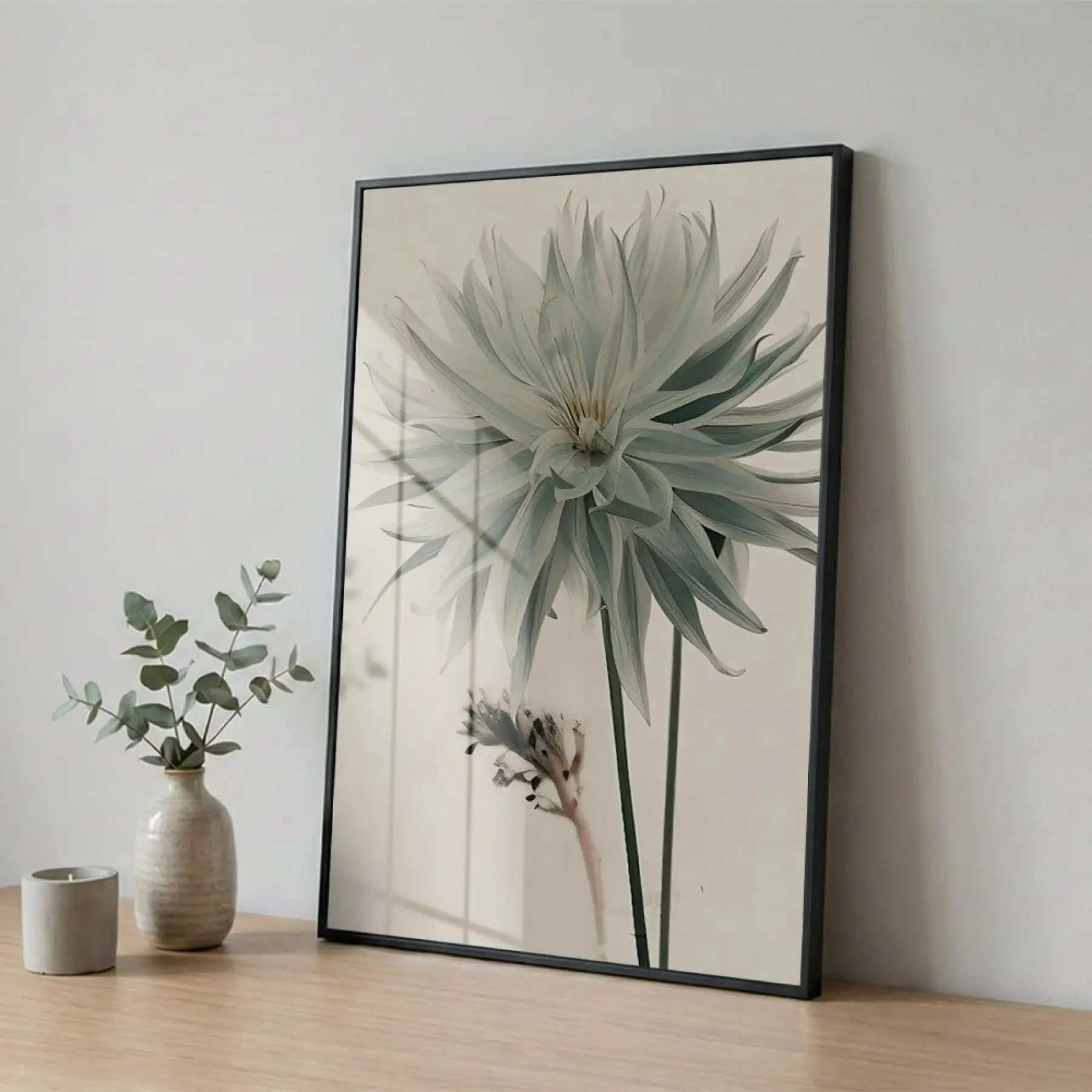 Büyük Çiçek Buzlu Pastel Tekli Siyah Metal Çerçeveli Cam Tablo Poster Dekoratif Obje