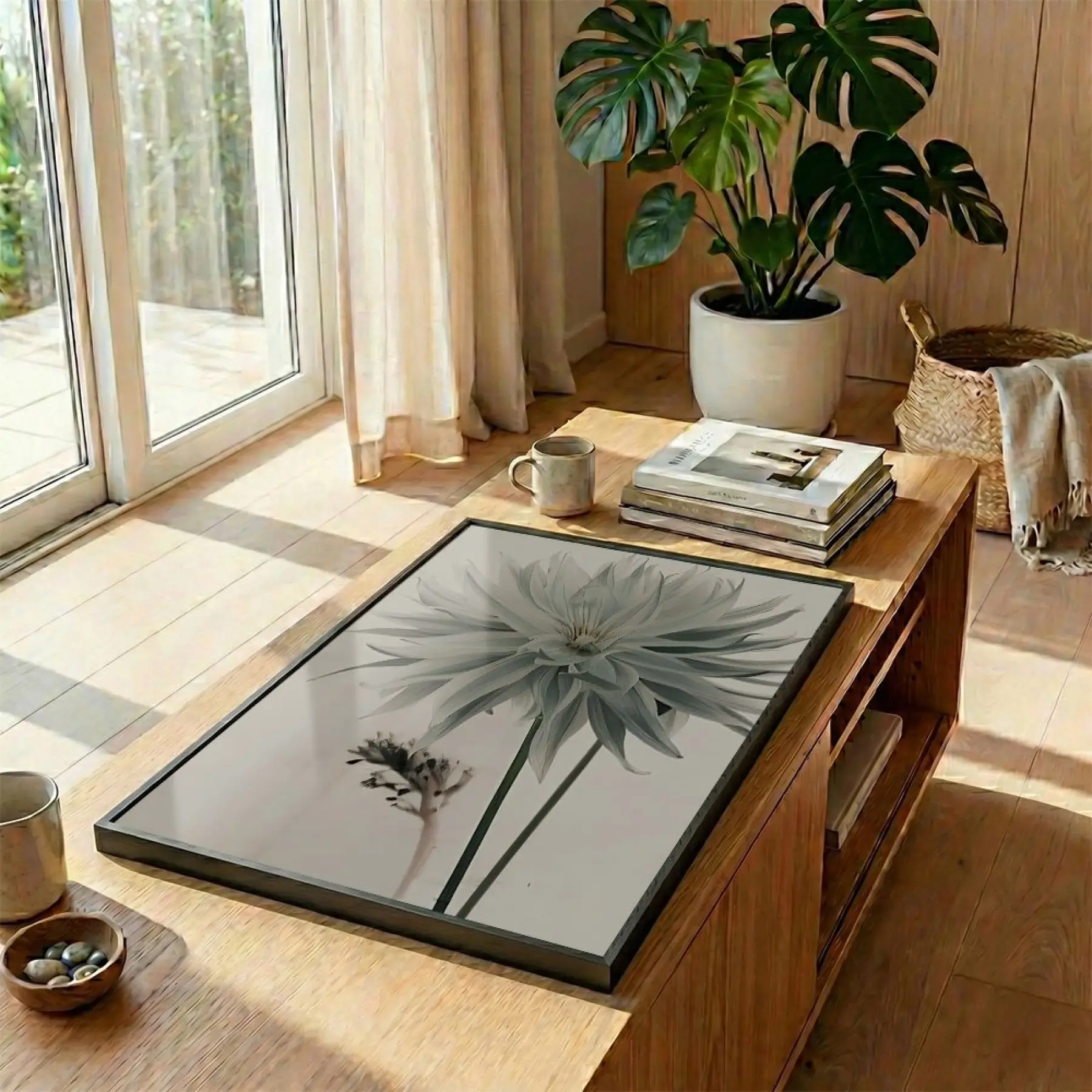 Büyük Çiçek Buzlu Pastel Tekli Siyah Metal Çerçeveli Cam Tablo Poster Dekoratif Obje