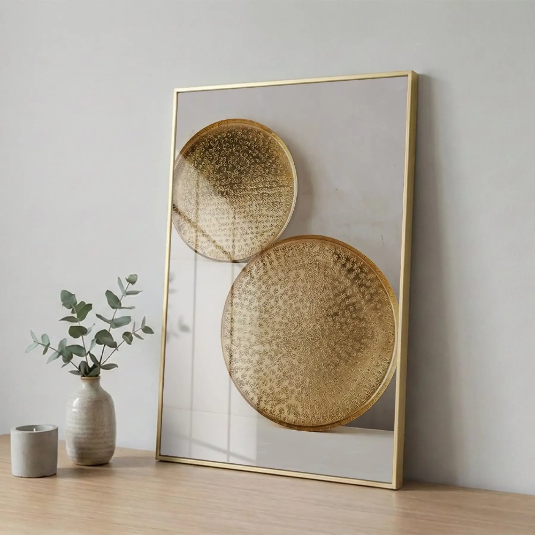Altın Diskler Sıcak Tonları Tekli Gold Metal Çerçeveli Cam Tablo Salon Oturma Odası