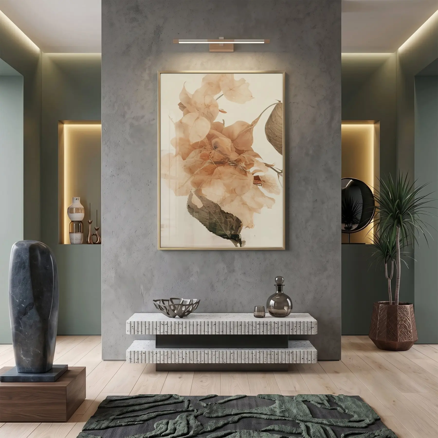 Kuru Çiçek Sıcak Bej Tonları Tekli Gold Metal Çerçeveli Cam Tablo Poster Dekoratif