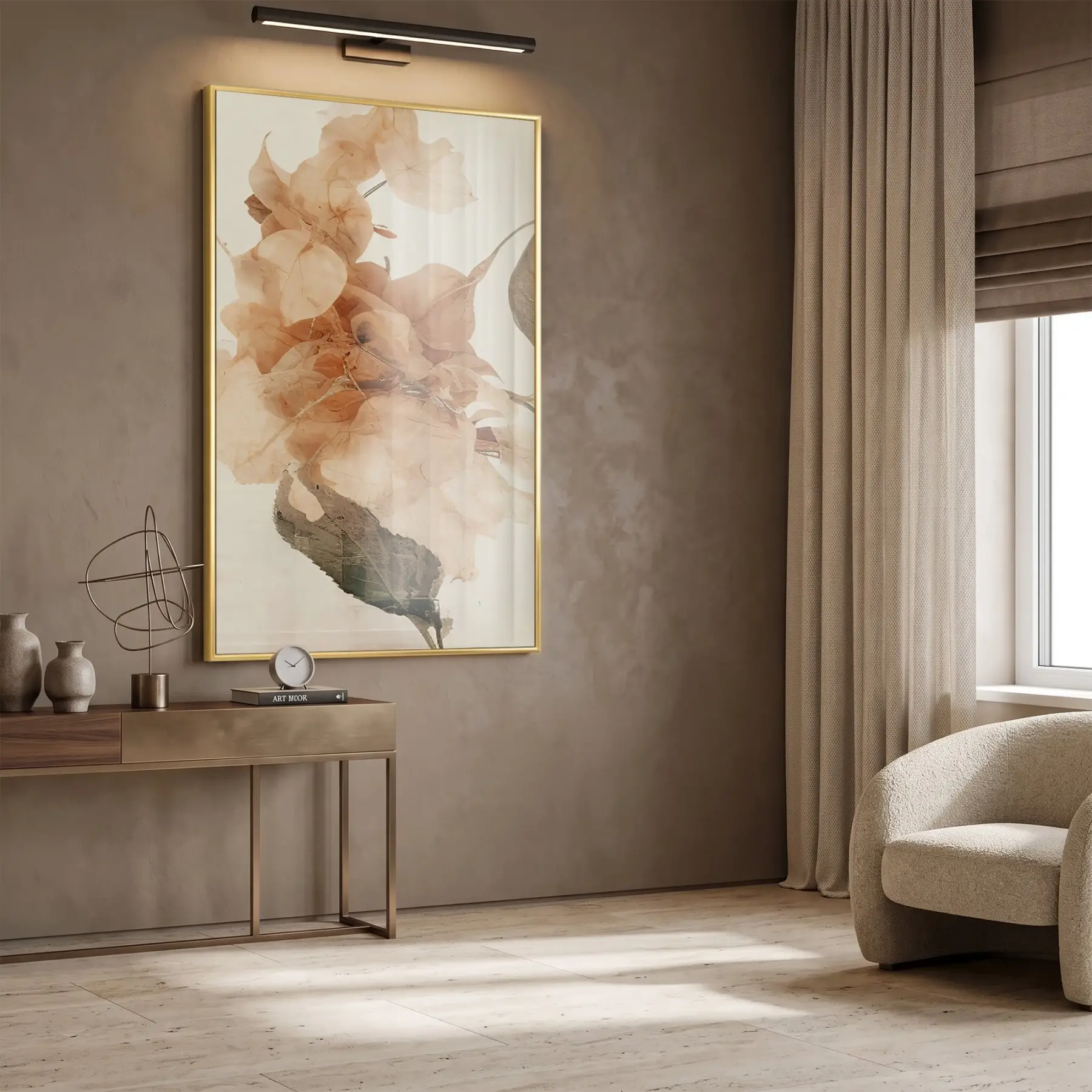 Kuru Çiçek Sıcak Bej Tonları Tekli Gold Metal Çerçeveli Cam Tablo Poster Dekoratif
