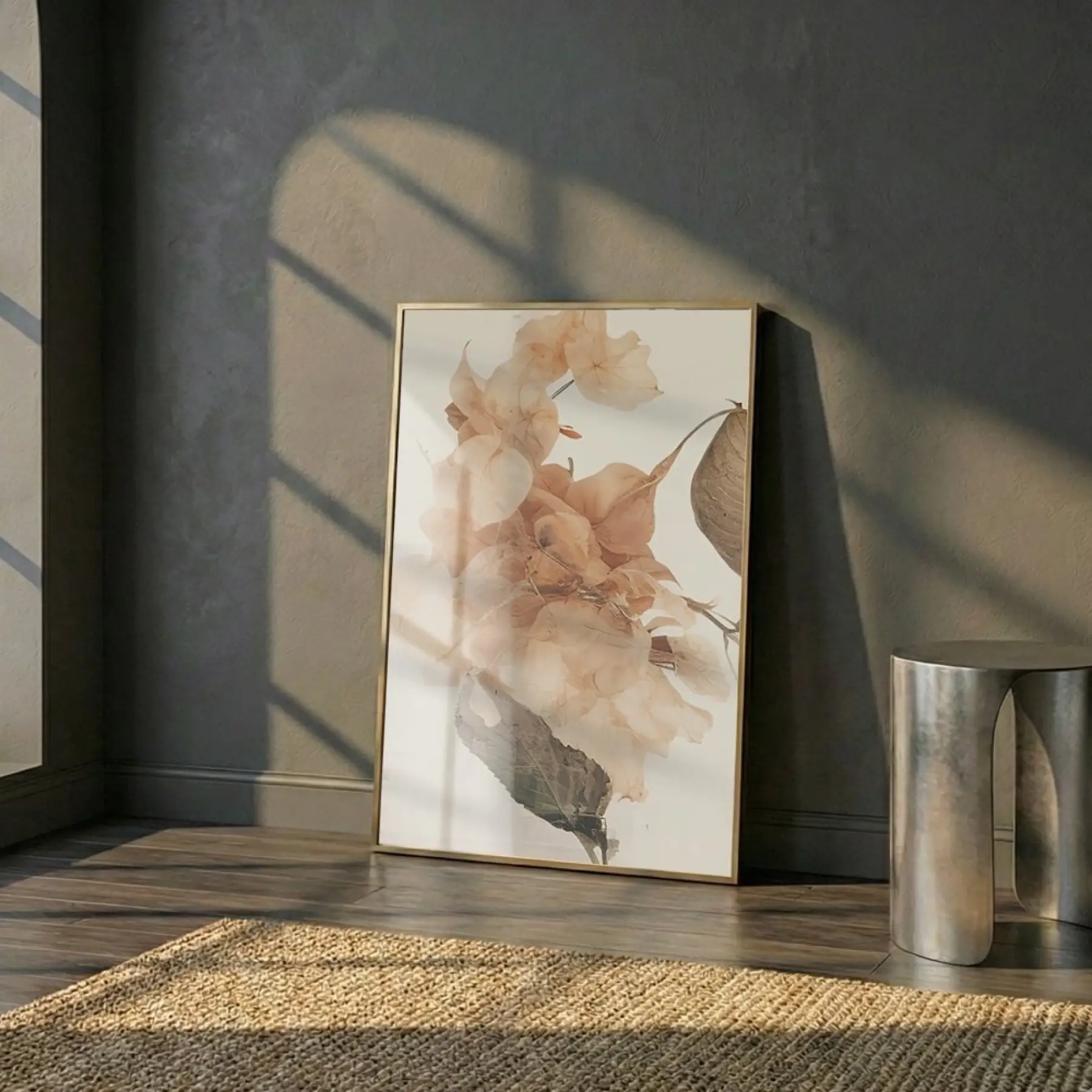 Kuru Çiçek Sıcak Bej Tonları Tekli Gold Metal Çerçeveli Cam Tablo Poster Dekoratif
