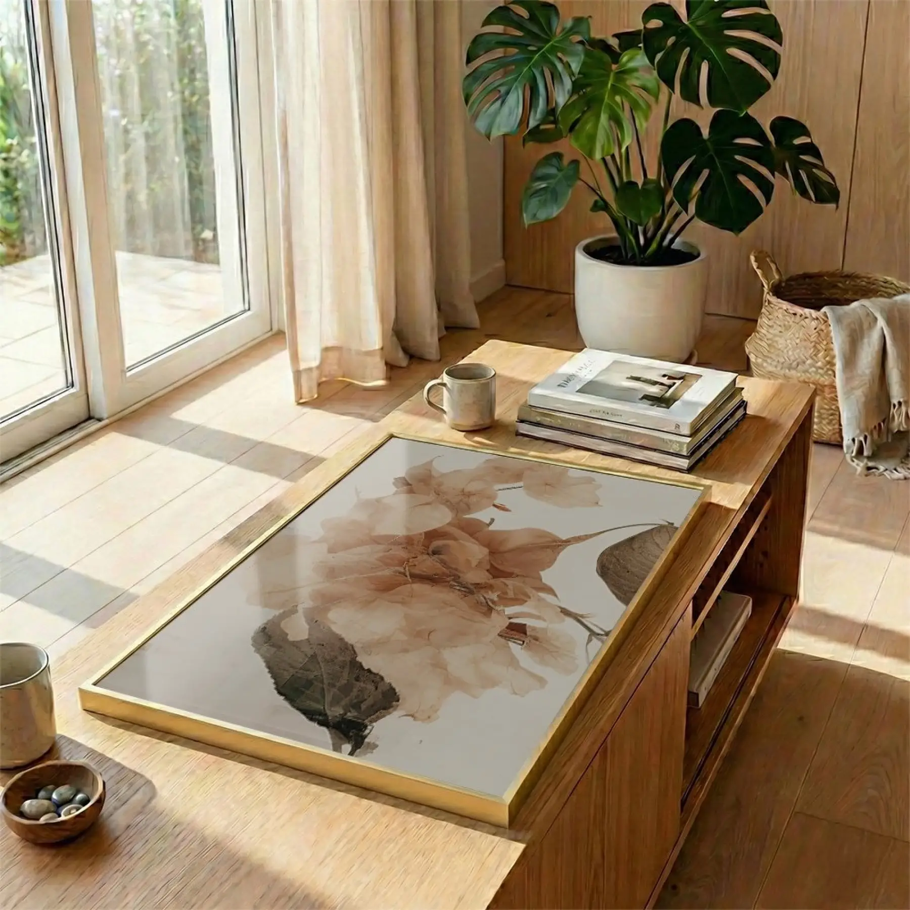 Kuru Çiçek Sıcak Bej Tonları Tekli Gold Metal Çerçeveli Cam Tablo Poster Dekoratif