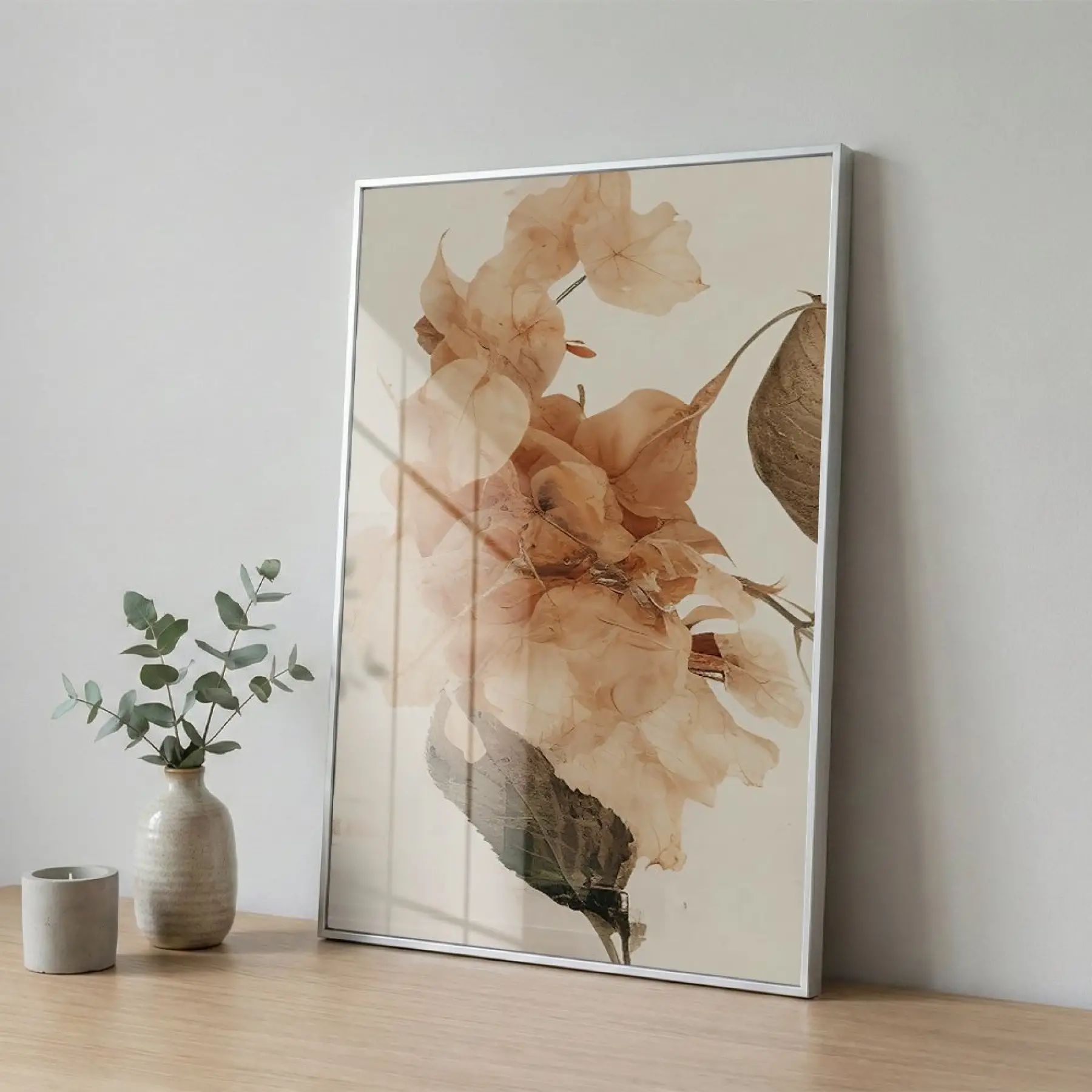 Kuru Çiçek Sıcak Bej Tonları Tekli Gümüş Metal Çerçeveli Cam Tablo Poster Dekoratif