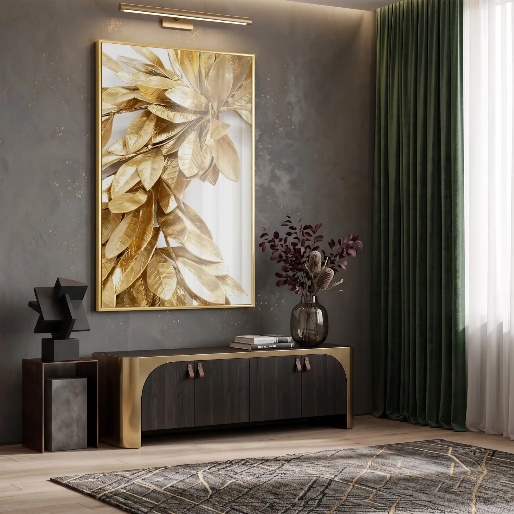 Altın Yapraklar Metalik Tonları Tekli Gold Metal Çerçeveli Cam Tablo Salon Oturma Odası