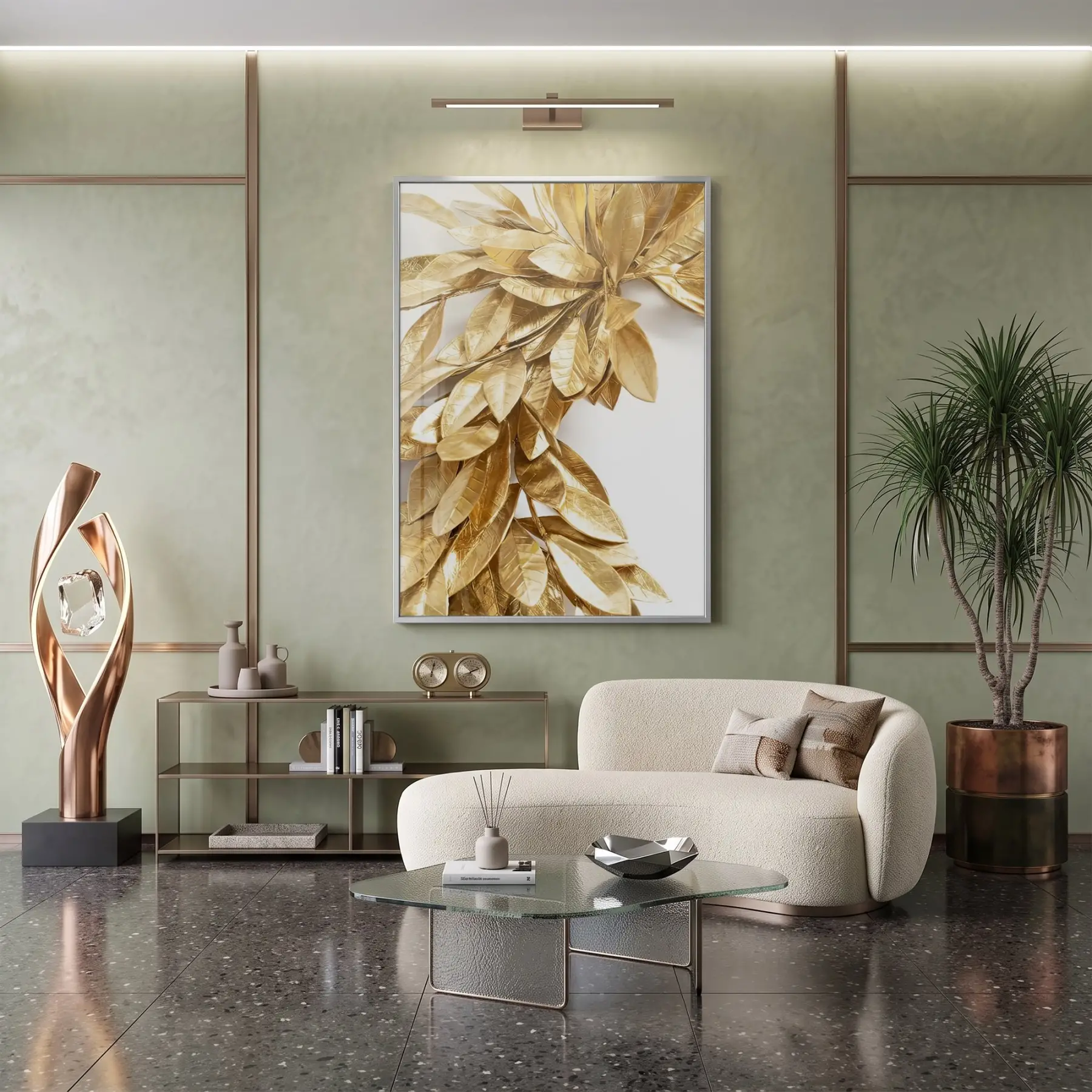 Altın Yapraklar Metalik Tonları Tekli Gümüş Metal Çerçeveli Cam Tablo Salon Oturma Odası
