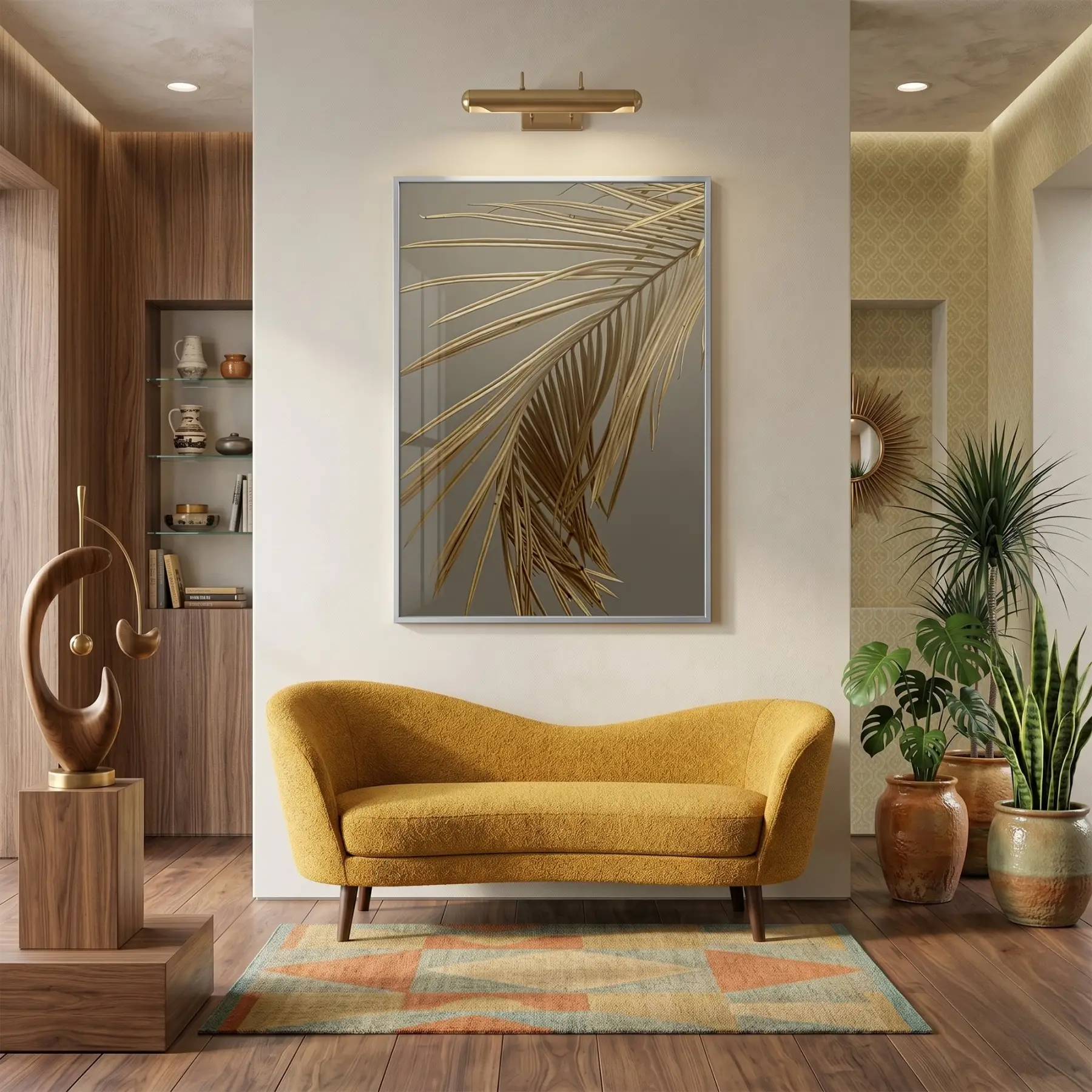 Palmiye Yaprağı Altın Tonları Tekli Gümüş Metal Çerçeveli Cam Tablo Salon Oturma Odası