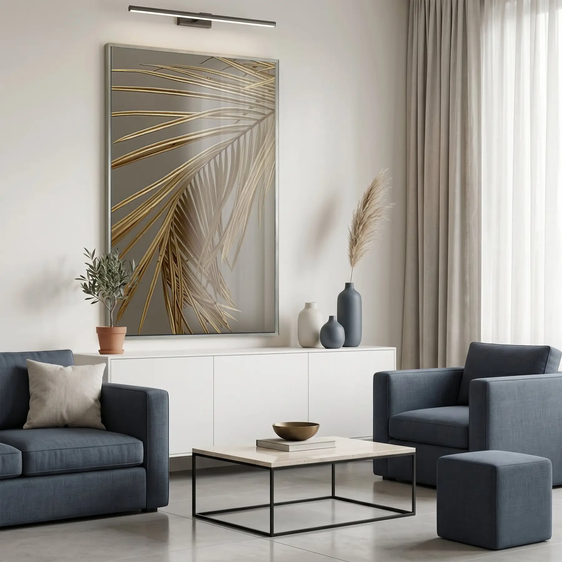 Palmiye Yaprağı Altın Tonları Tekli Gümüş Metal Çerçeveli Cam Tablo Salon Oturma Odası