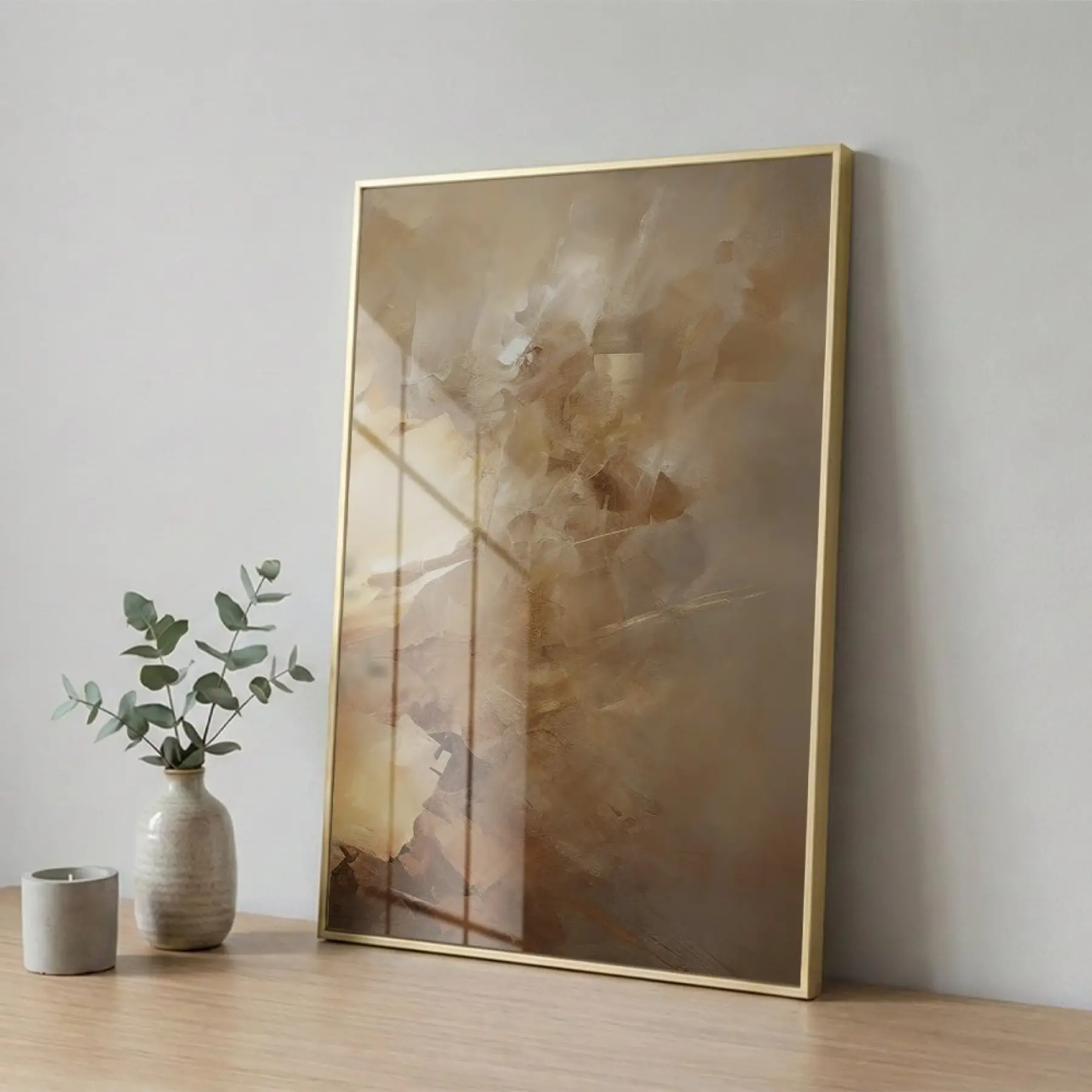 Abstrakt Doku Sıcak Toprak Tonları Tekli Gold Metal Çerçeveli Cam Tablo Yatak Odası