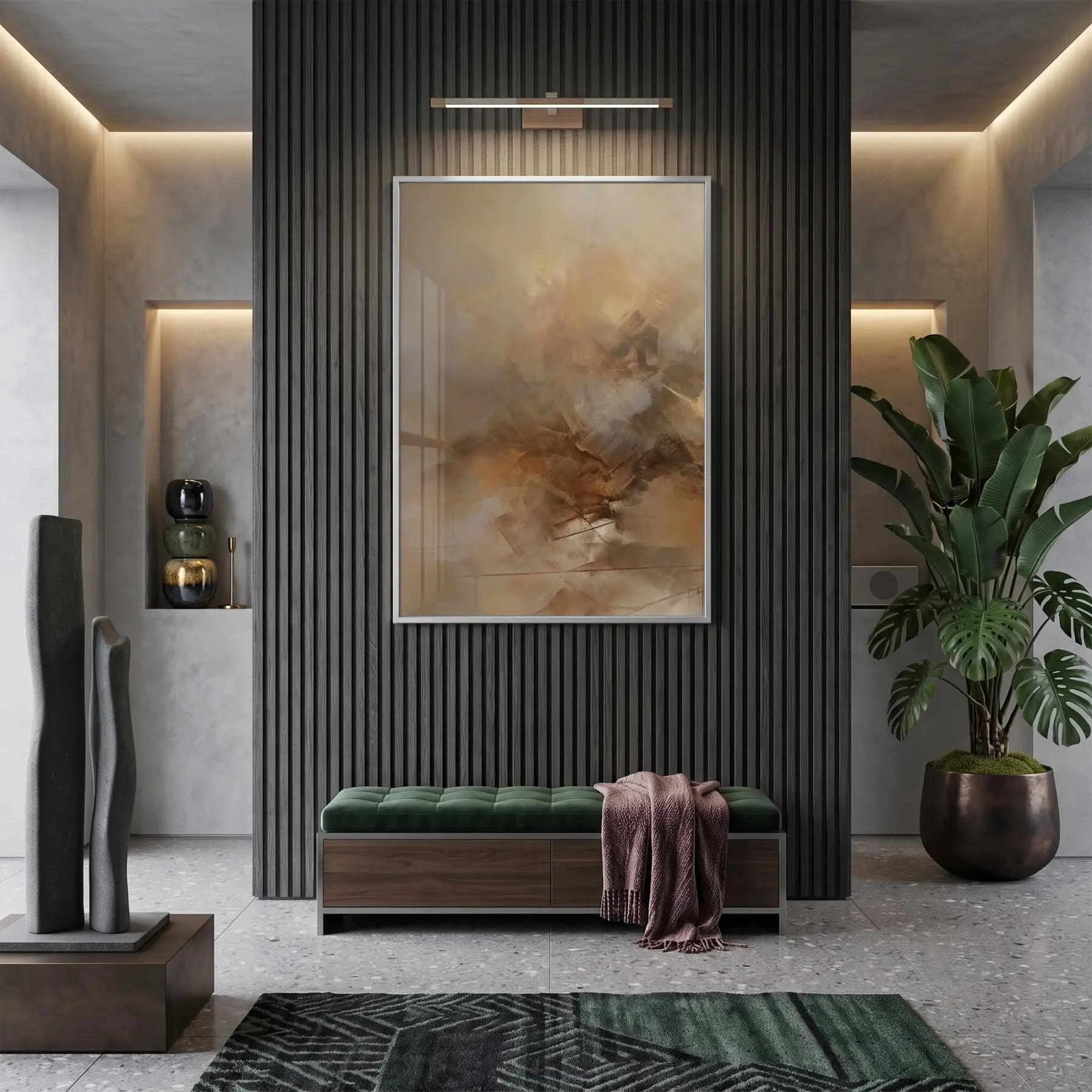 Soyut Doku Sıcak Toprak Tonları Tekli Gümüş Metal Çerçeveli Cam Tablo Duvar Salon