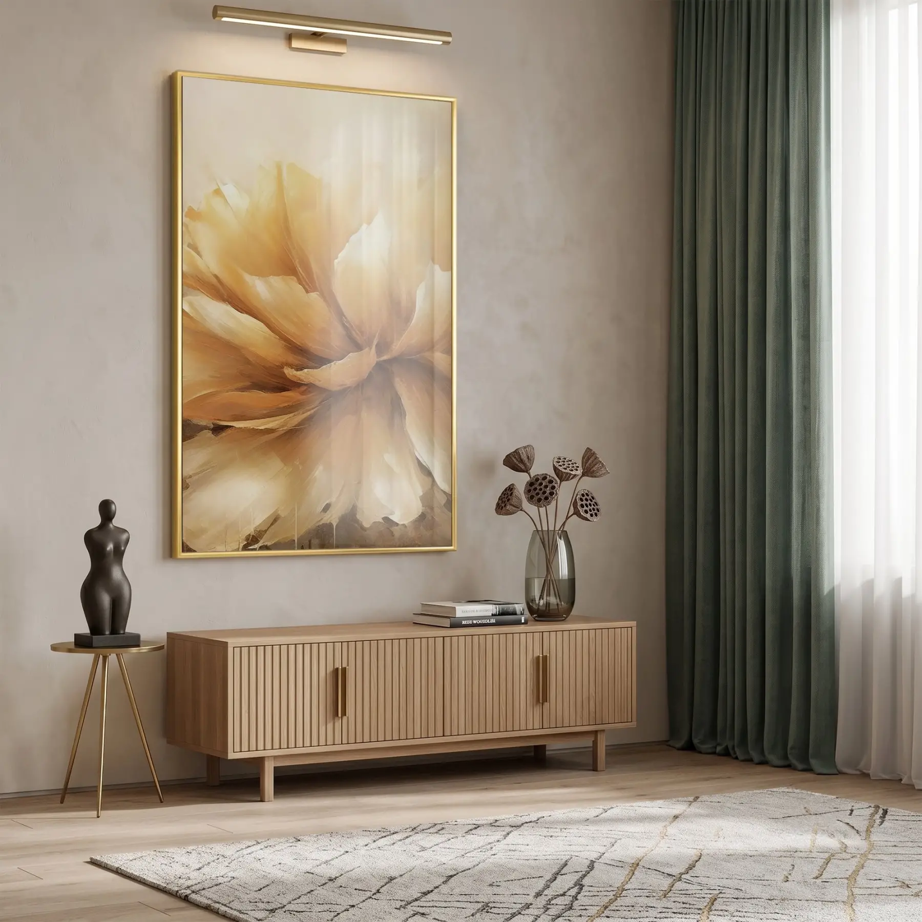 Büyük Çiçek Sıcak Altın Tonları Tekli Gold Metal Çerçeveli Cam Tablo Poster Dekoratif
