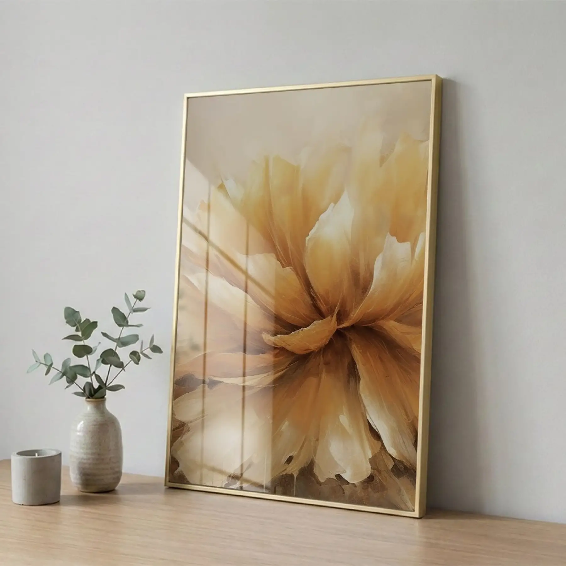 Büyük Çiçek Sıcak Altın Tonları Tekli Gold Metal Çerçeveli Cam Tablo Poster Dekoratif