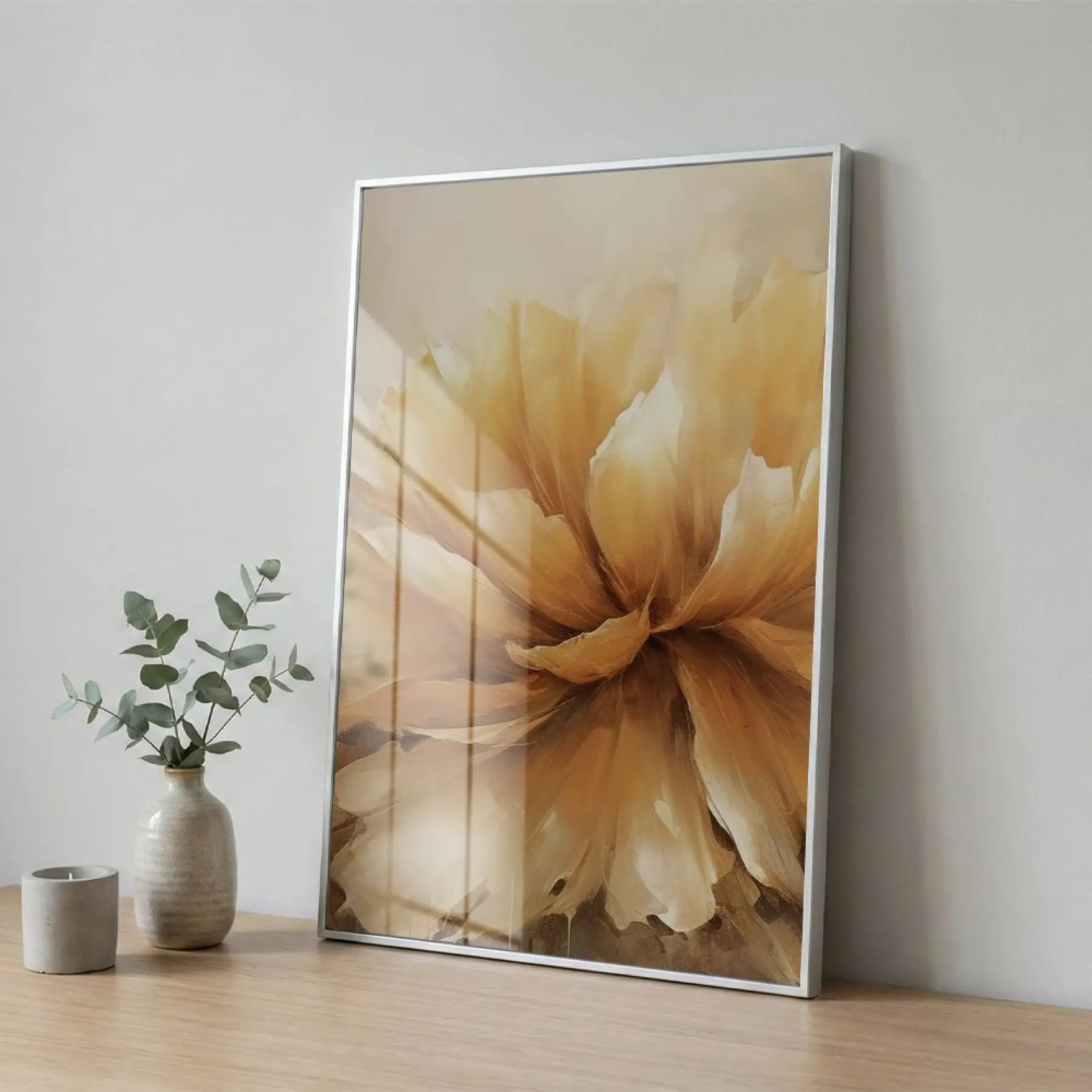 Büyük Çiçek Sıcak Altın Tonları Tekli Gümüş Metal Çerçeveli Cam Tablo Poster Dekoratif