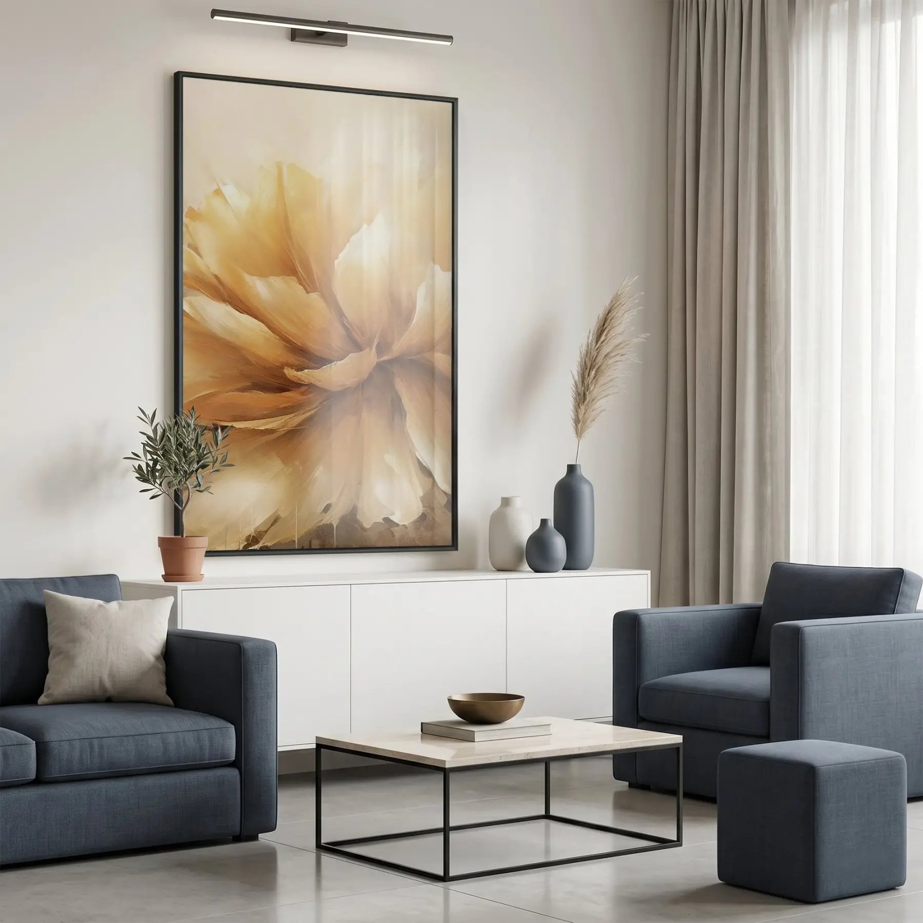 Büyük Çiçek Sıcak Altın Tonları Tekli Siyah Metal Çerçeveli Cam Tablo Salon Oturma