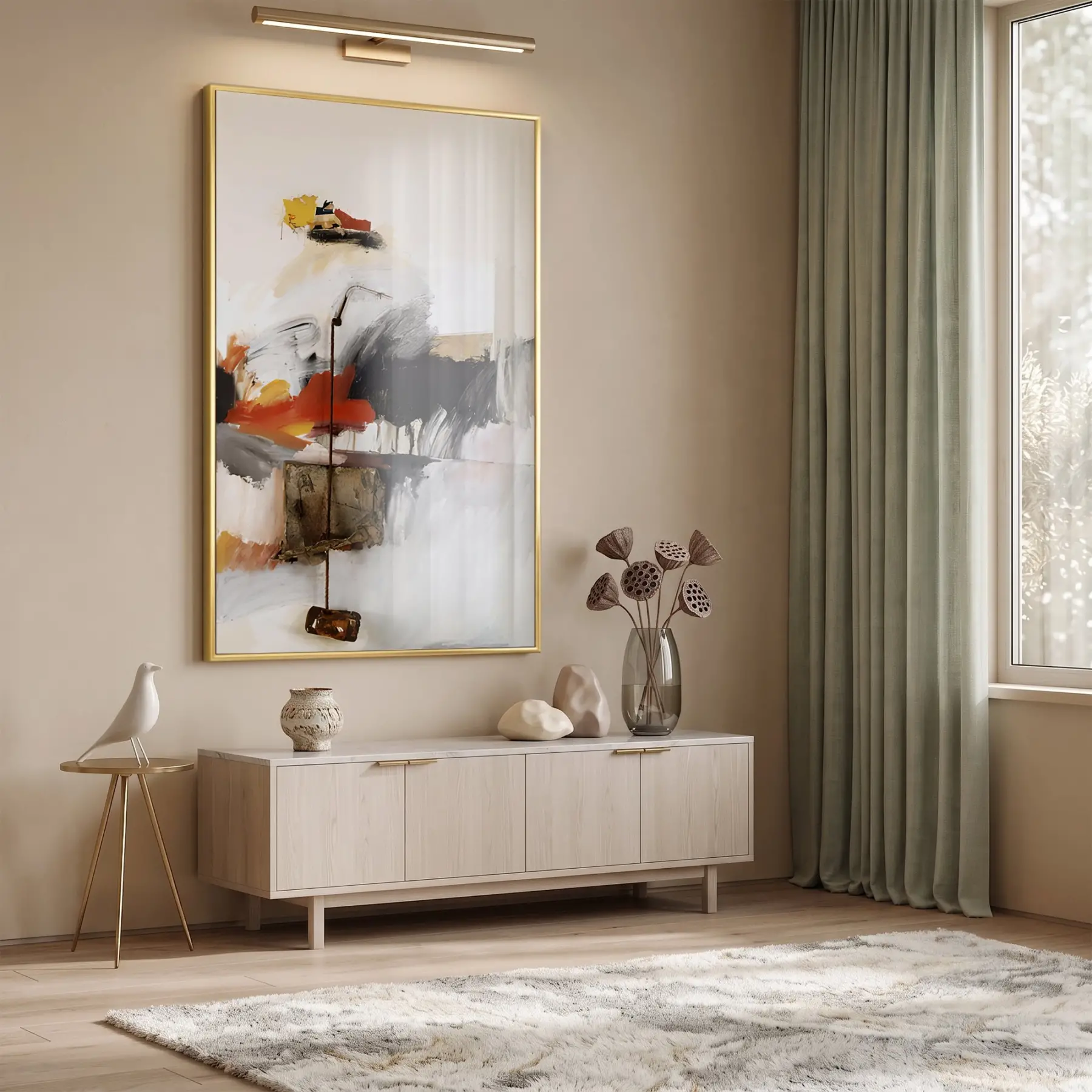 Soyut Sanat Sıcak Toprak Tonları Tekli Gold Metal Çerçeveli Cam Tablo Poster Dekoratif