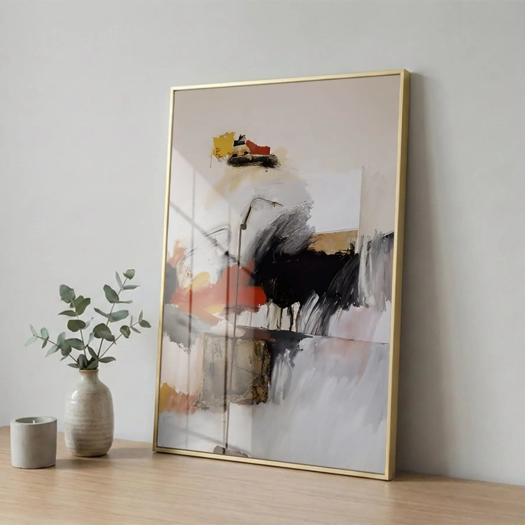 Soyut Sanat Sıcak Toprak Tonları Tekli Gold Metal Çerçeveli Cam Tablo Poster Dekoratif