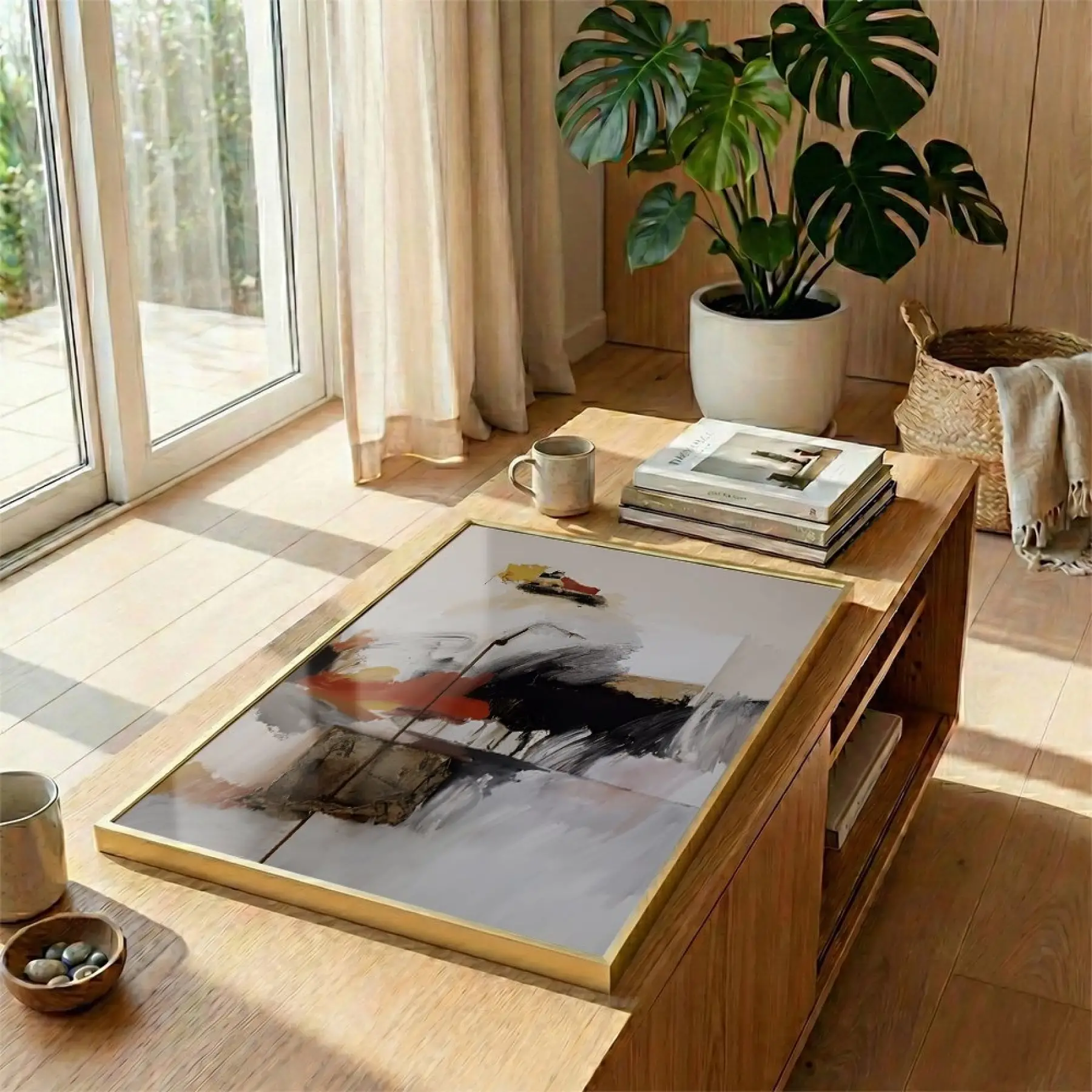 Soyut Sanat Sıcak Toprak Tonları Tekli Gold Metal Çerçeveli Cam Tablo Poster Dekoratif