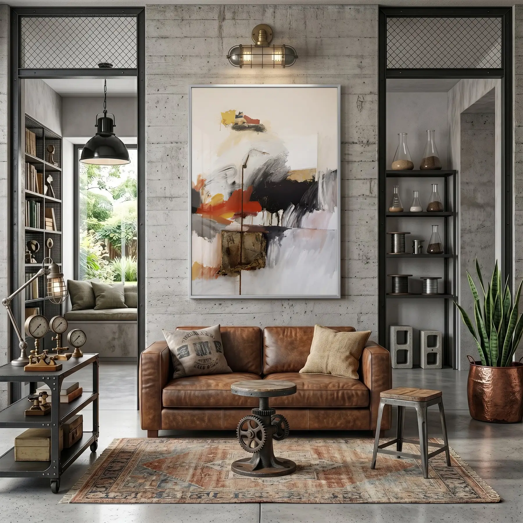 Soyut Sanat Sıcak Toprak Tonları Tekli Gümüş Metal Çerçeveli Cam Tablo Salon Oturma