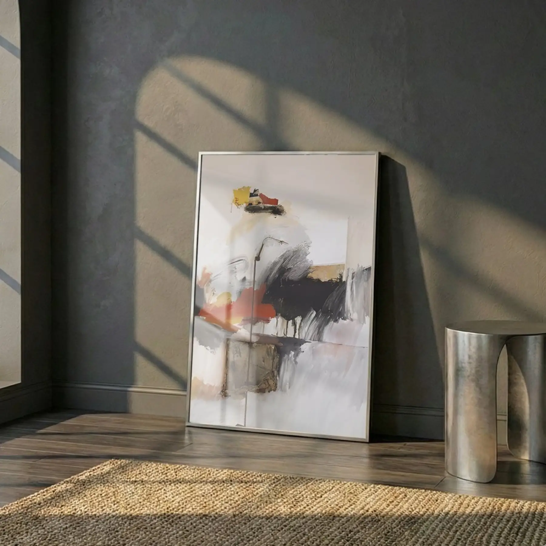 Soyut Sanat Sıcak Toprak Tonları Tekli Gümüş Metal Çerçeveli Cam Tablo Salon Oturma