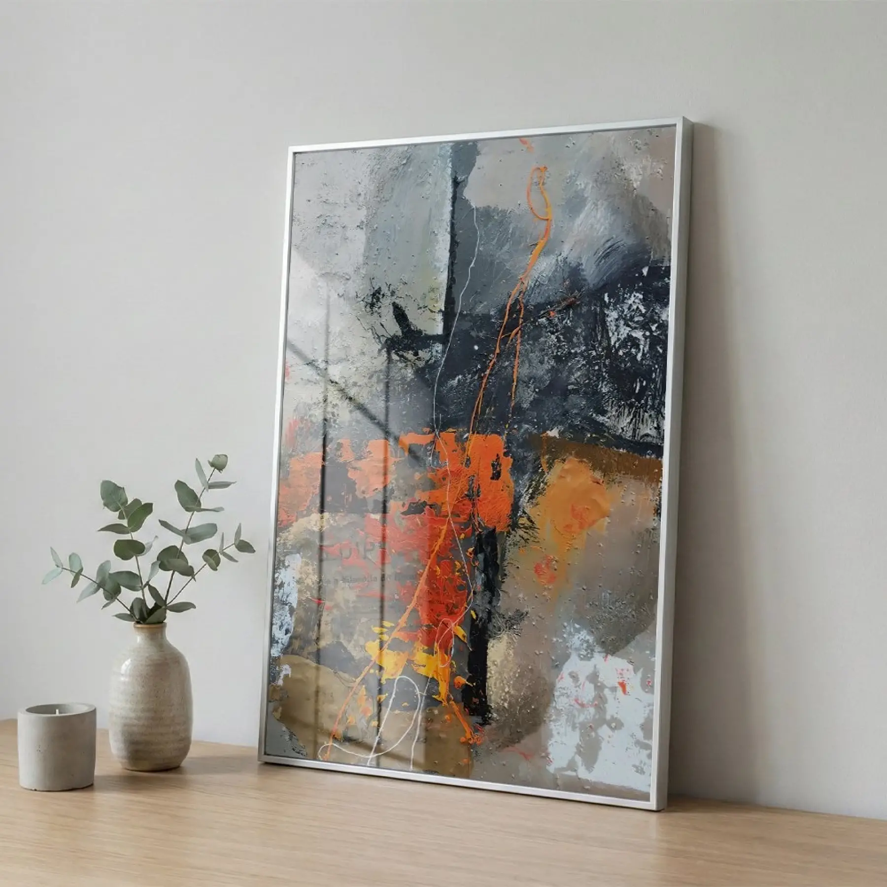 Soyut Kompozisyon Dinamik Turuncu Tonları Tekli Gümüş Metal Çerçeveli Cam Tablo Poster Dekoratif