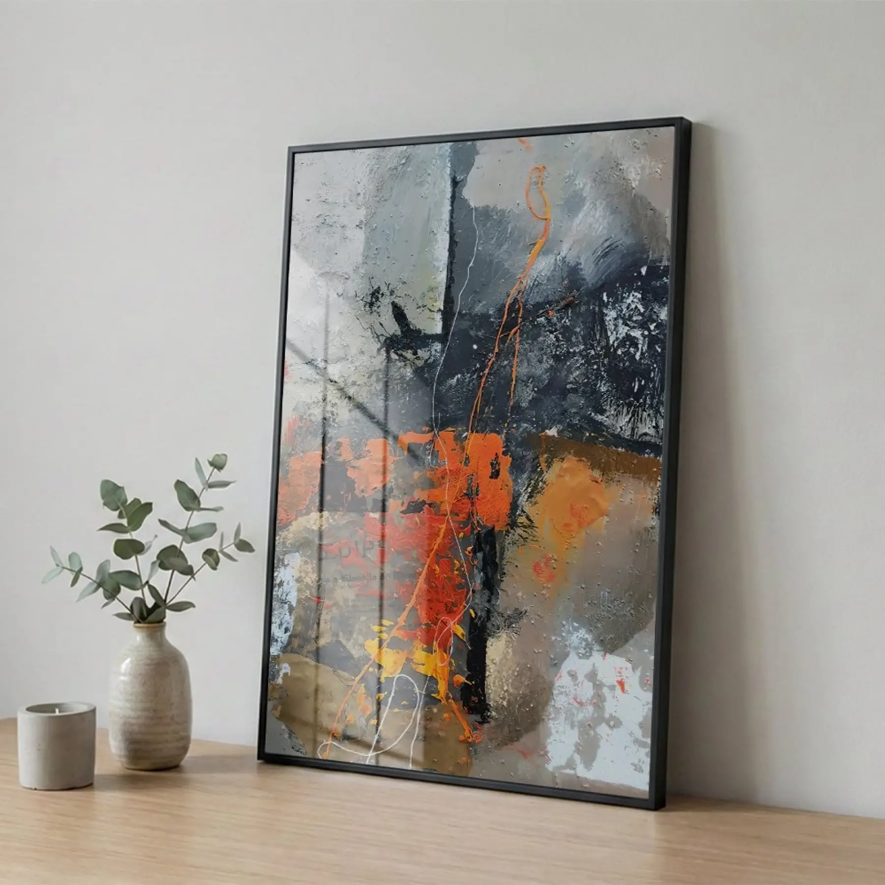 Soyut Kompozisyon Dinamik Turuncu Tonları Tekli Siyah Metal Çerçeveli Cam Tablo Poster Dekoratif