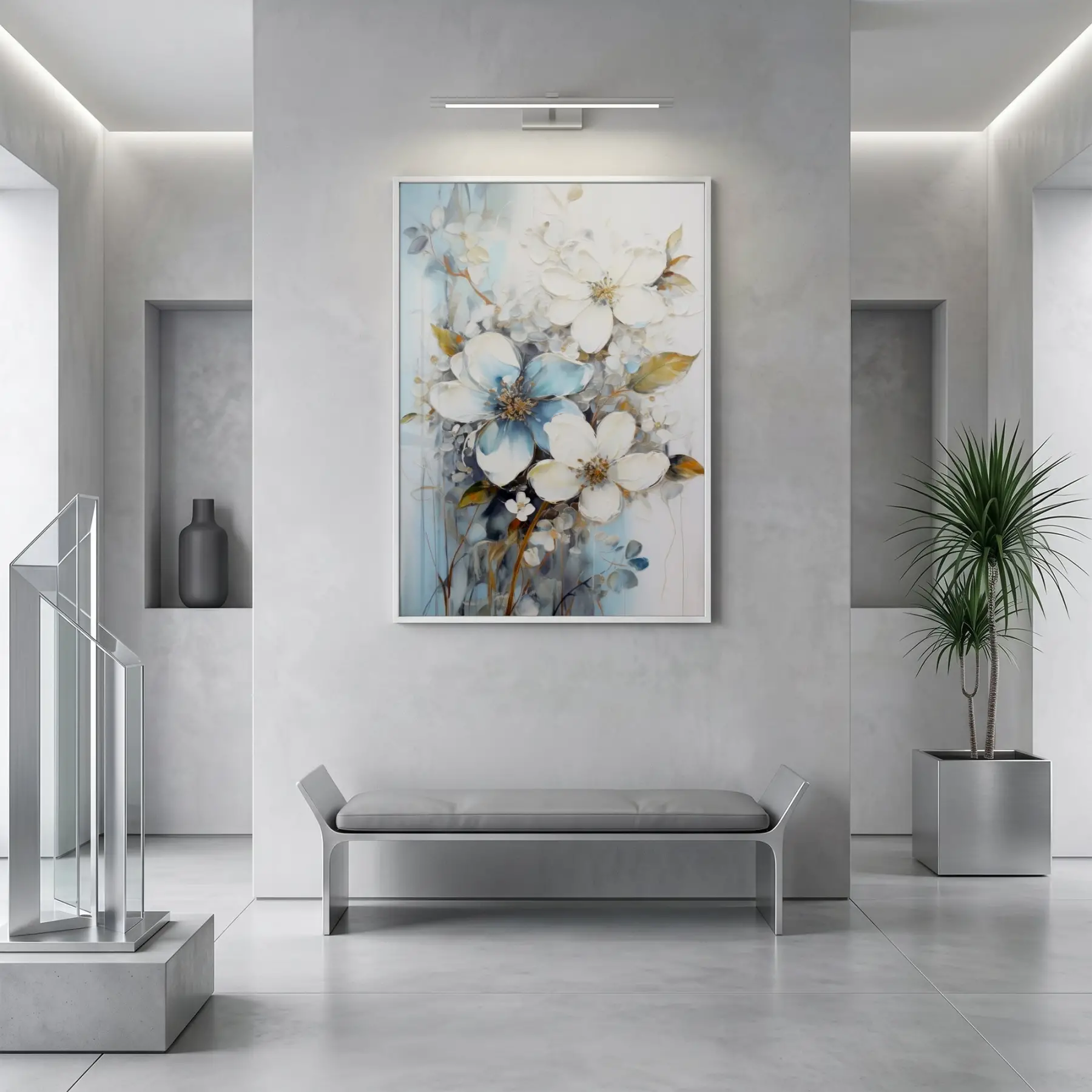 Çiçek Buketi Pastel Mavi Beyaz Tekli Metal Çerçeveli Cam Tablo Duvar Salon Aksesuarları