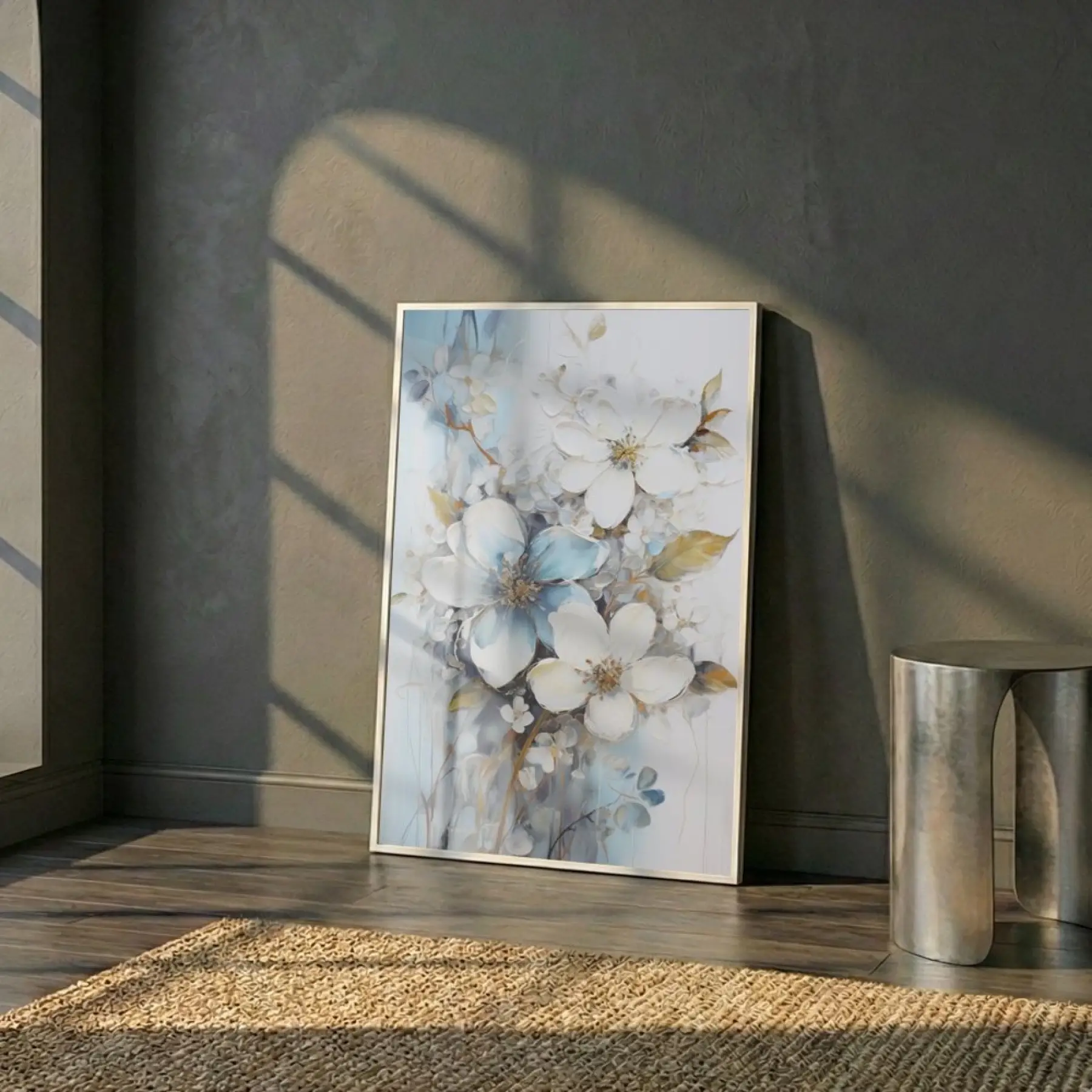 Çiçek Buketi Pastel Mavi Beyaz Tekli Metal Çerçeveli Cam Tablo Duvar Salon Aksesuarları