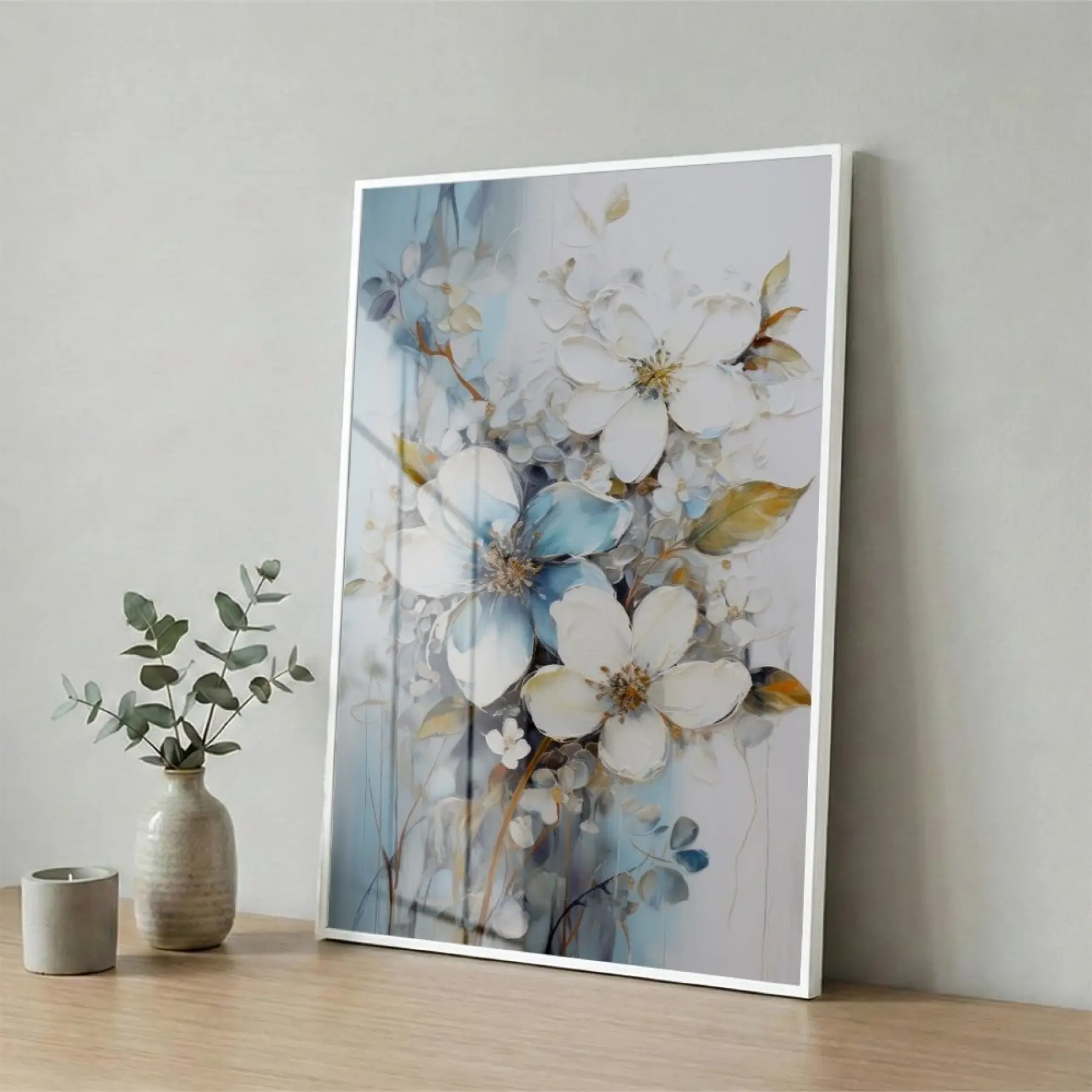 Çiçek Buketi Pastel Mavi Beyaz Tekli Metal Çerçeveli Cam Tablo Duvar Salon Aksesuarları