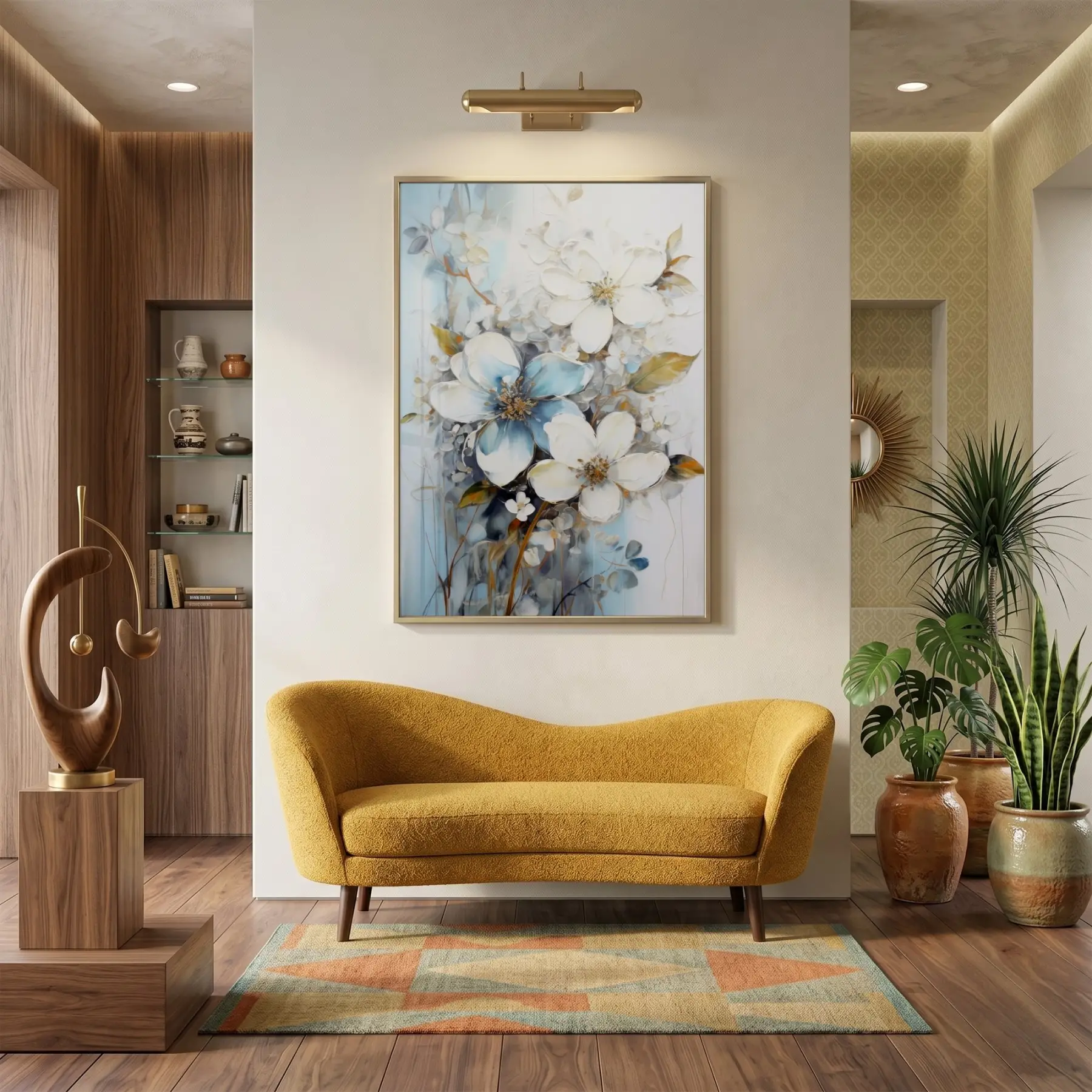Çiçek Buketi Pastel Mavi Beyaz Tekli Gold Metal Çerçeveli Cam Tablo Ev Dekorasyonu