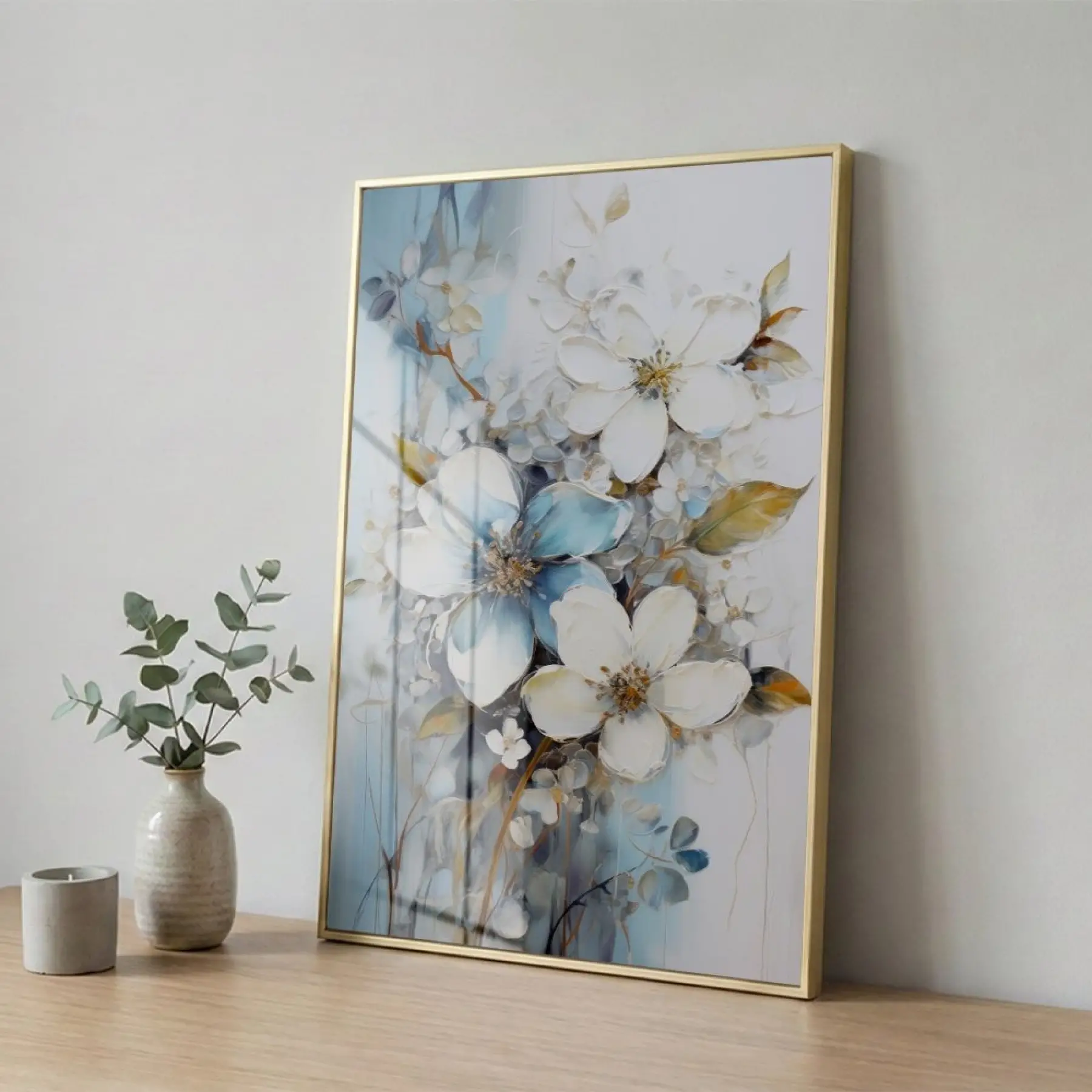 Çiçek Buketi Pastel Mavi Beyaz Tekli Gold Metal Çerçeveli Cam Tablo Ev Dekorasyonu