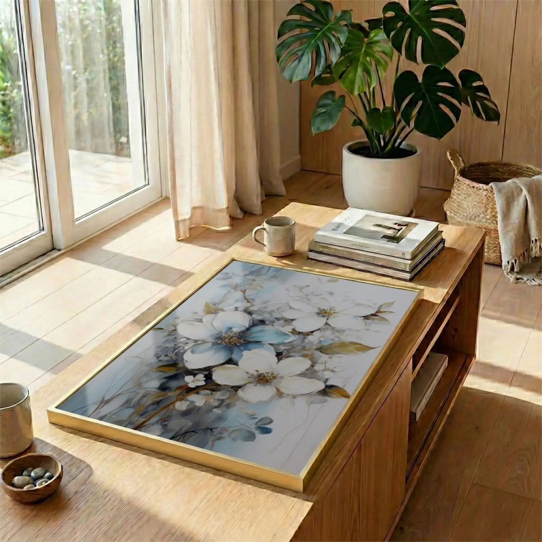 Çiçek Buketi Pastel Mavi Beyaz Tekli Gold Metal Çerçeveli Cam Tablo Ev Dekorasyonu