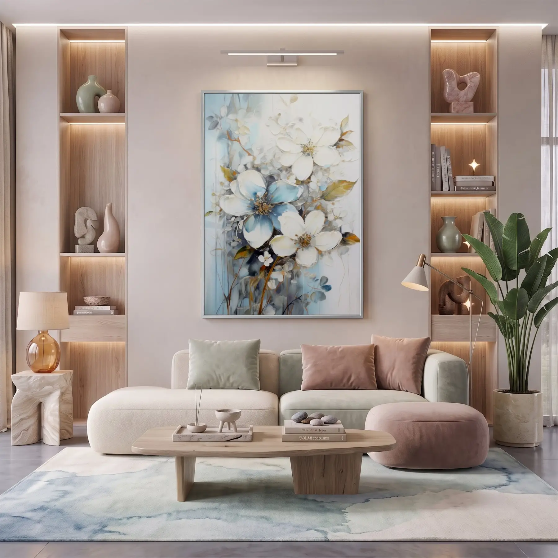 Çiçek Buketi Pastel Mavi Beyaz Tekli Gümüş Metal Çerçeveli Cam Tablo Poster Dekoratif
